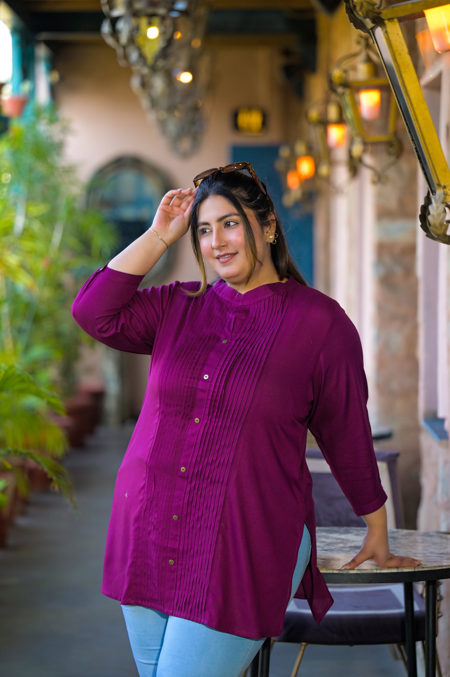 Purple Rayon Solid Pin-Tucks Top