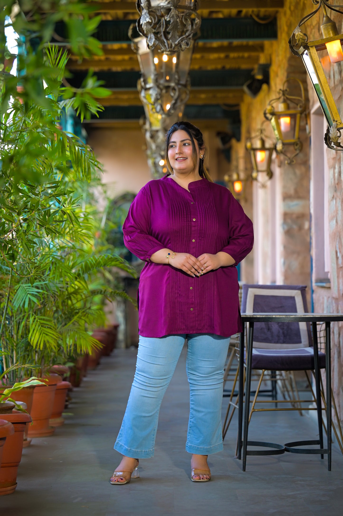 Purple Rayon Solid Pin-Tucks Top