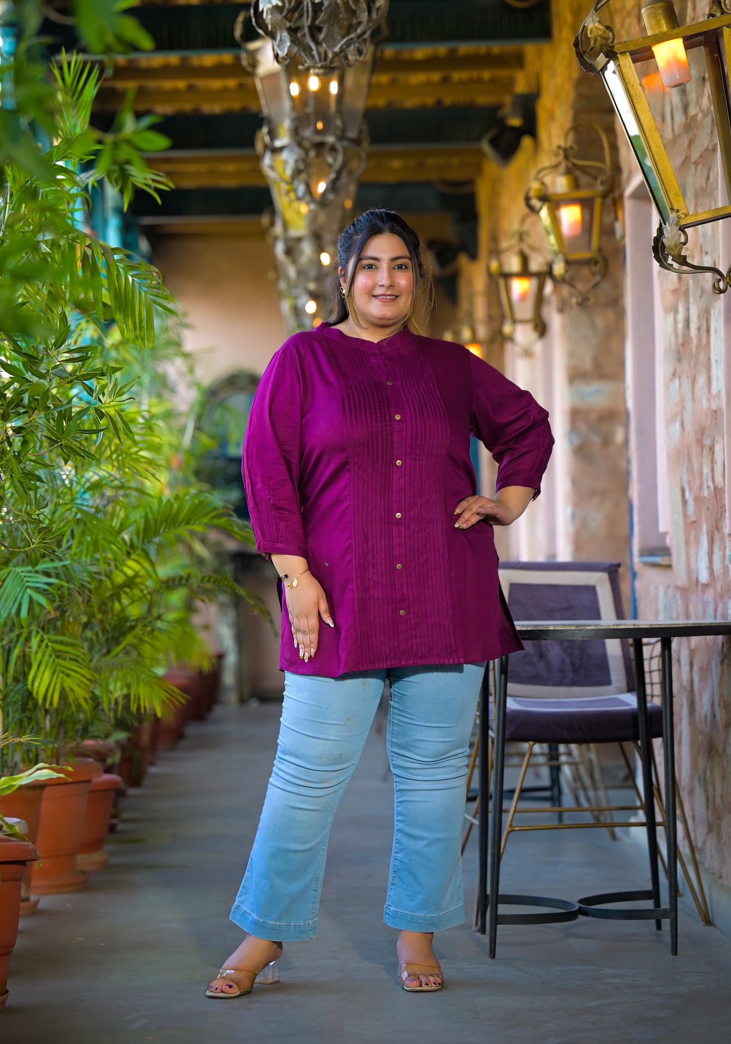 Purple Rayon Solid Pin-Tucks Top