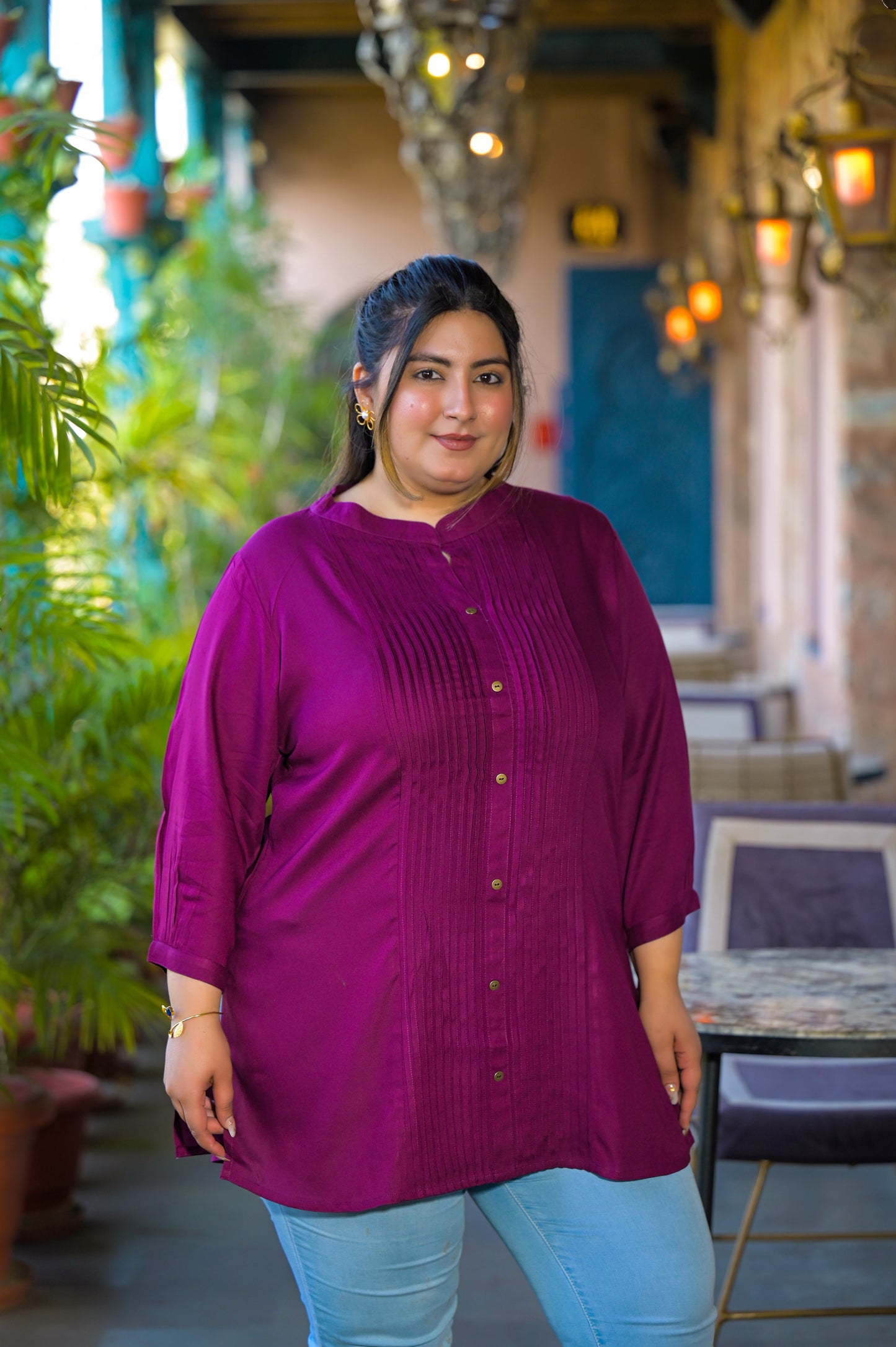 Purple Rayon Solid Pin-Tucks Top