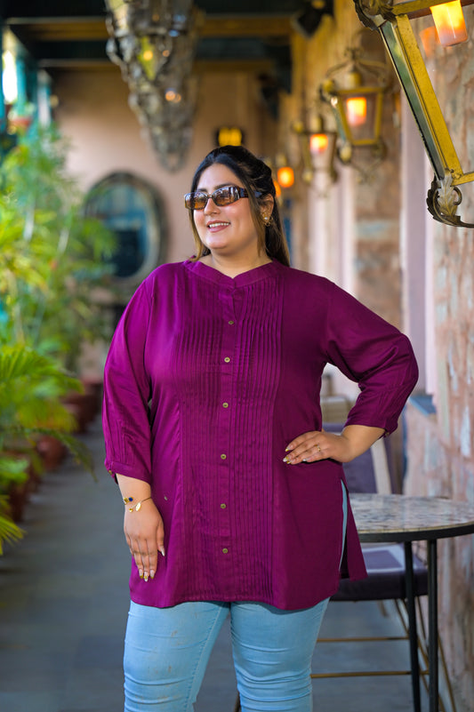 Purple Rayon Solid Pin-Tucks Top