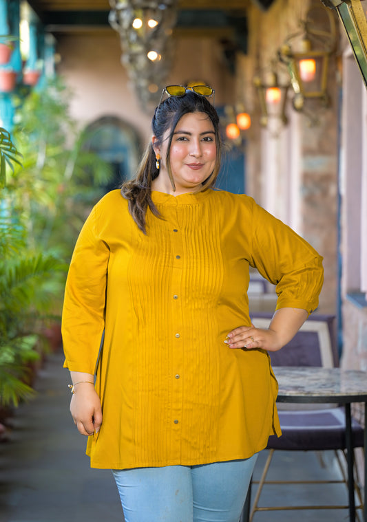 Yellow Rayon Solid Pin-Tucks Top