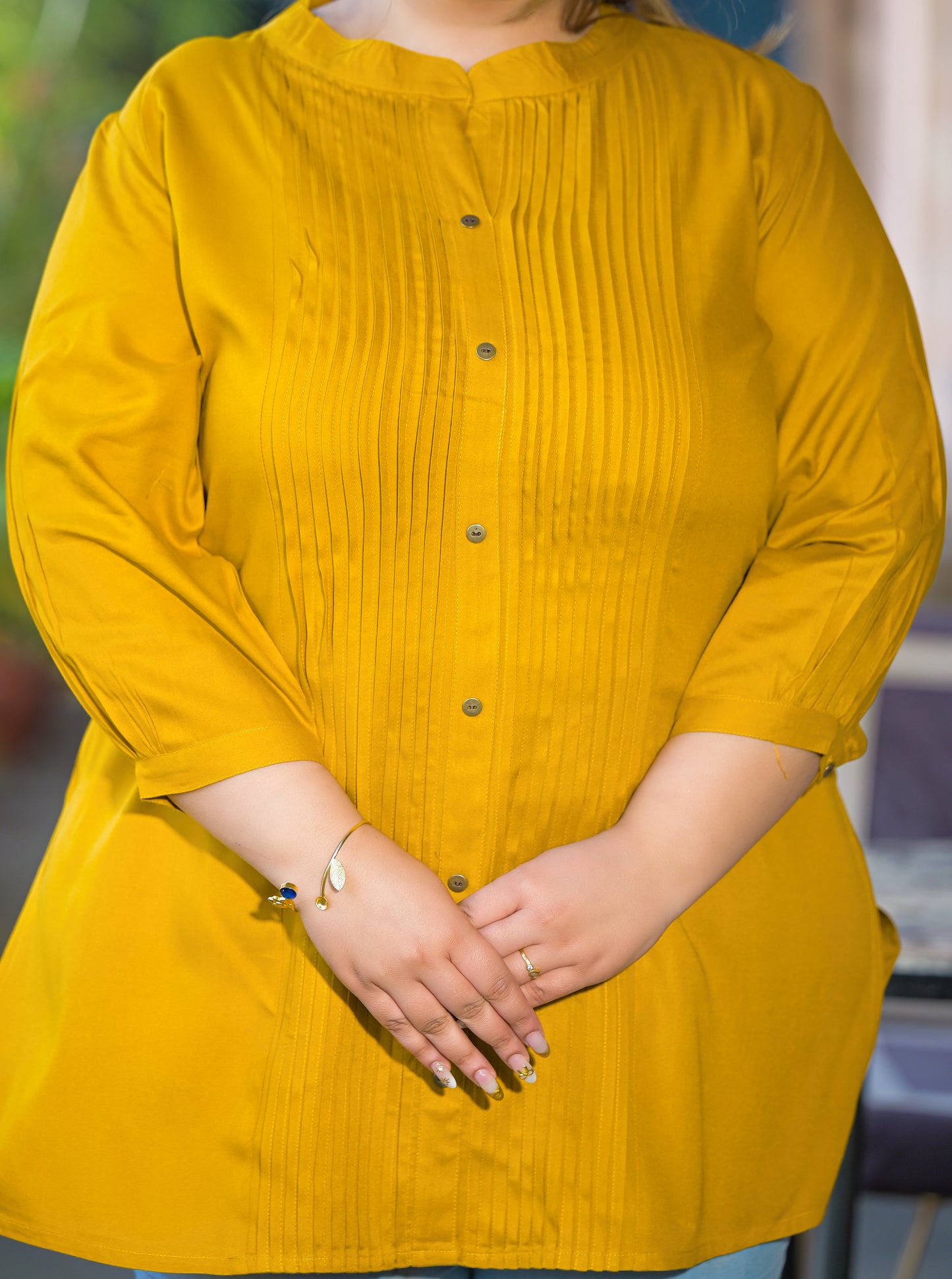 Yellow Rayon Solid Pin-Tucks Top