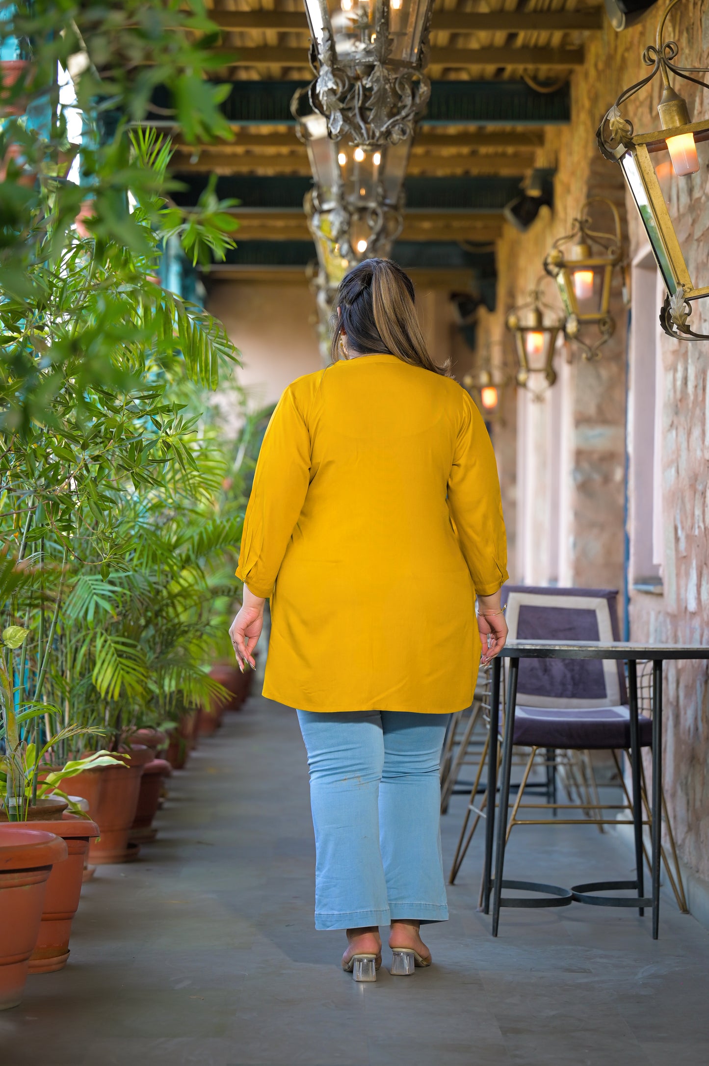 Yellow Rayon Solid Pin-Tucks Top