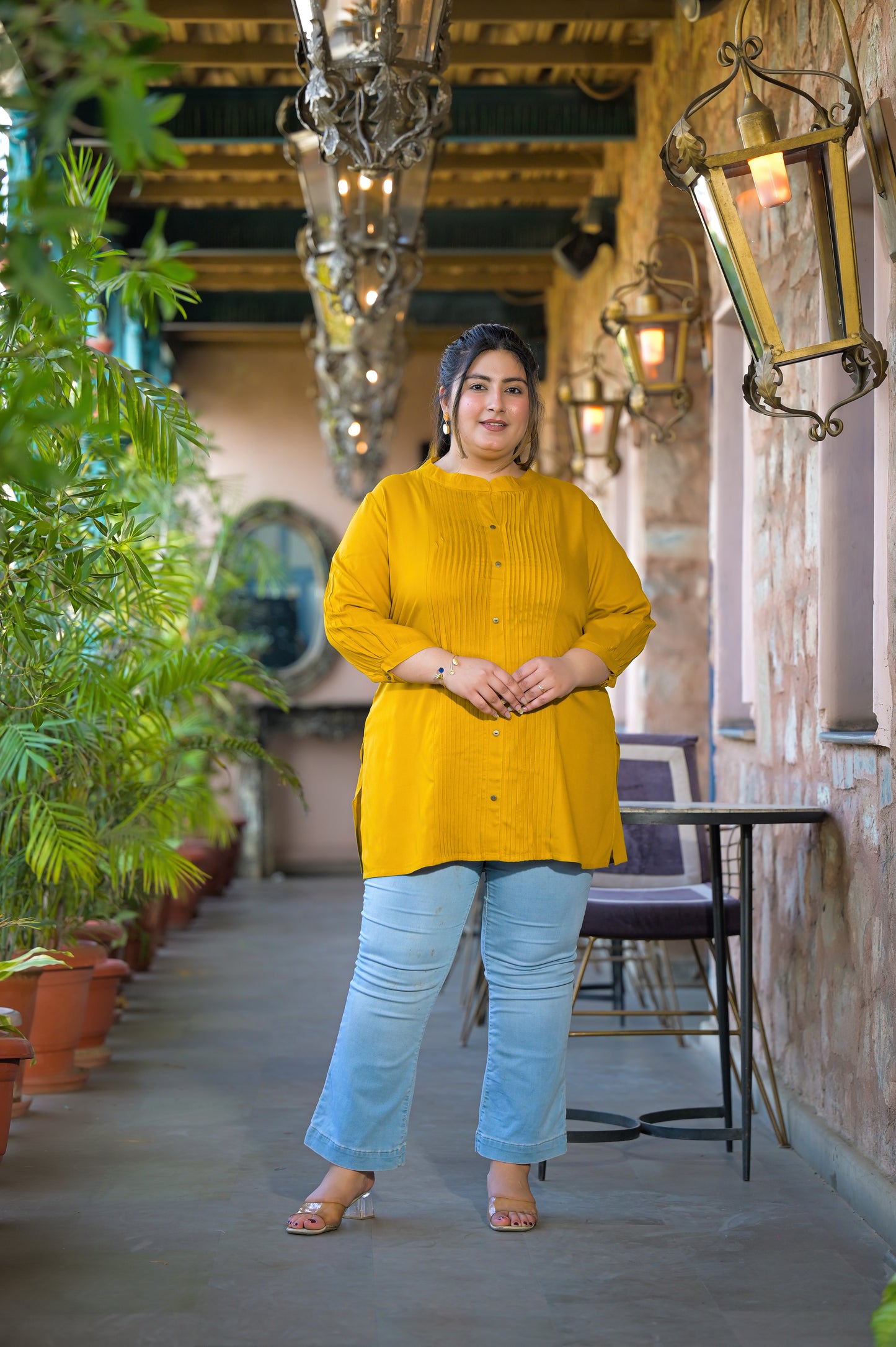 Yellow Rayon Solid Pin-Tucks Top