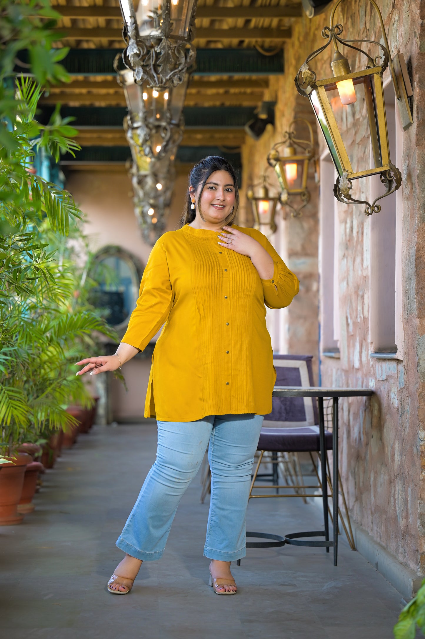 Yellow Rayon Solid Pin-Tucks Top