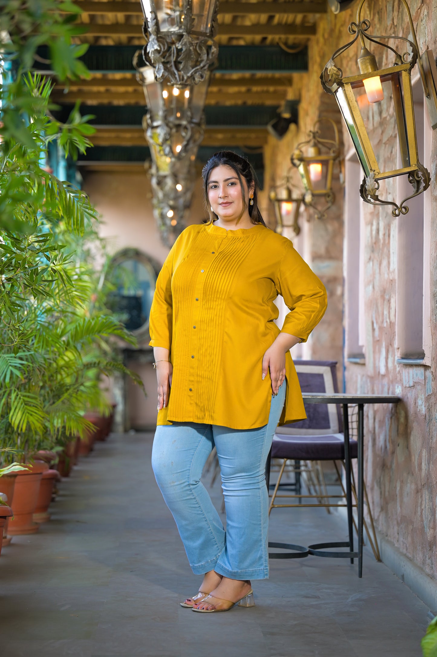 Yellow Rayon Solid Pin-Tucks Top