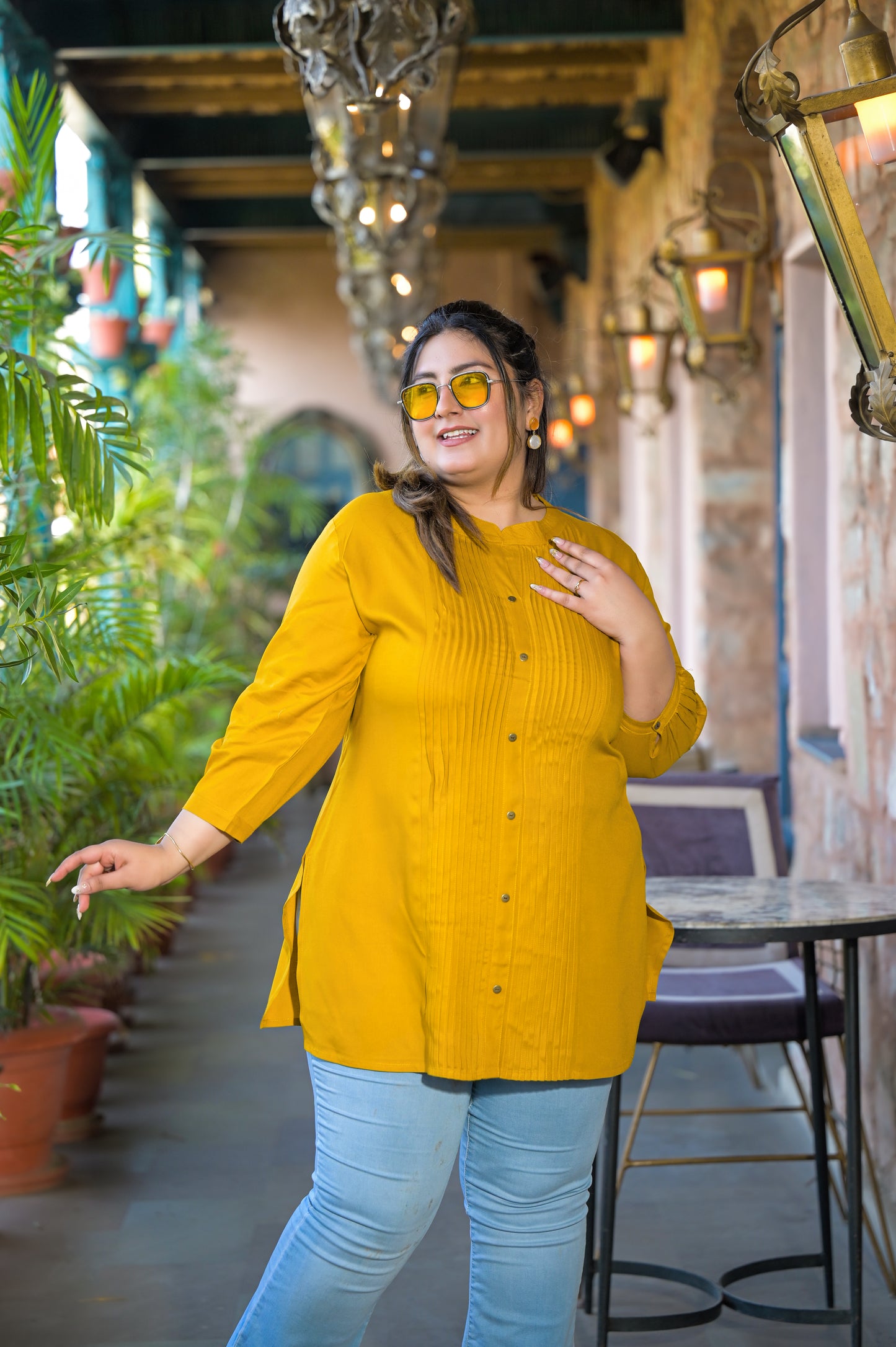 Yellow Rayon Solid Pin-Tucks Top