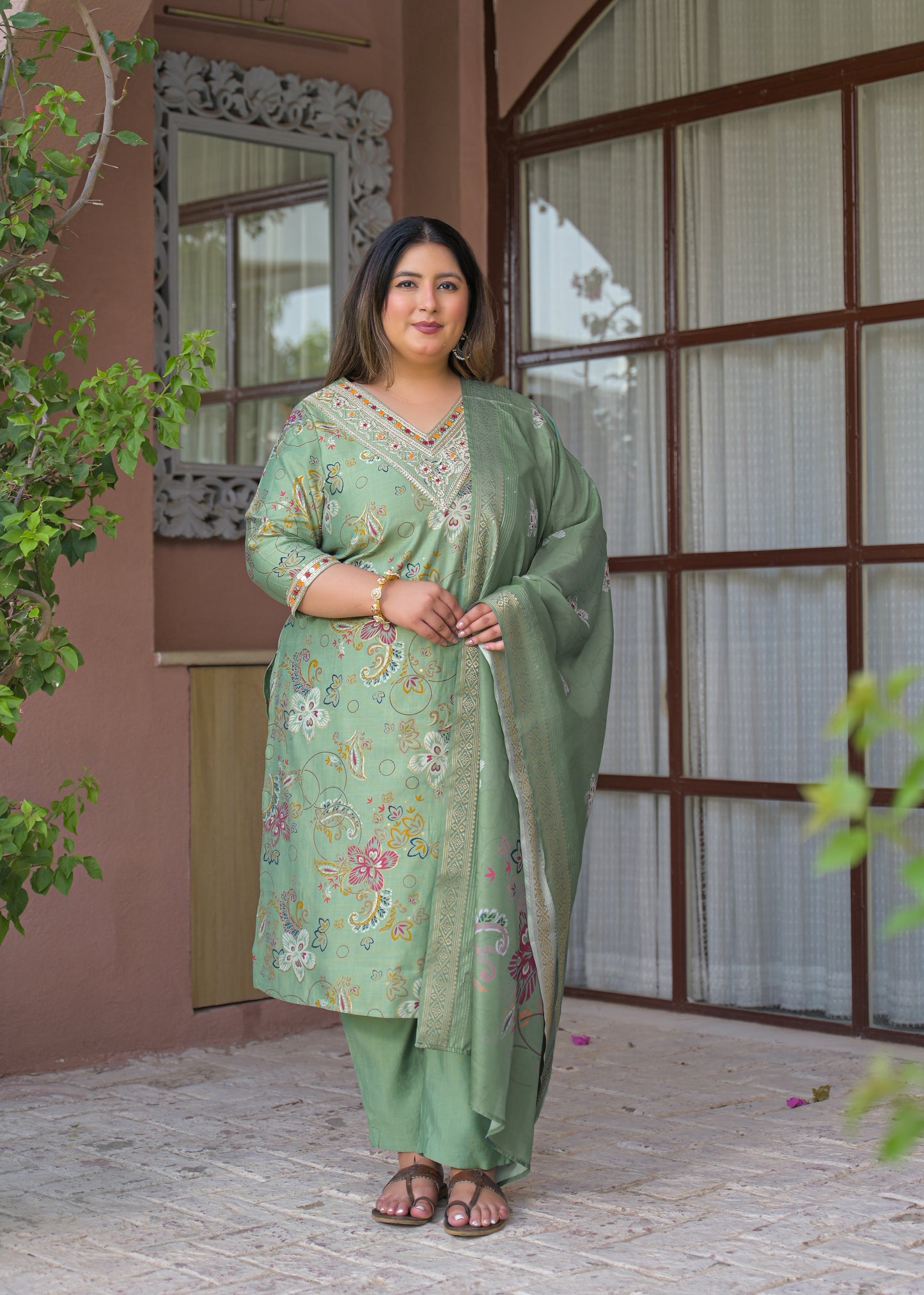 Light Green Embroidered  Kurta Dupatta Set