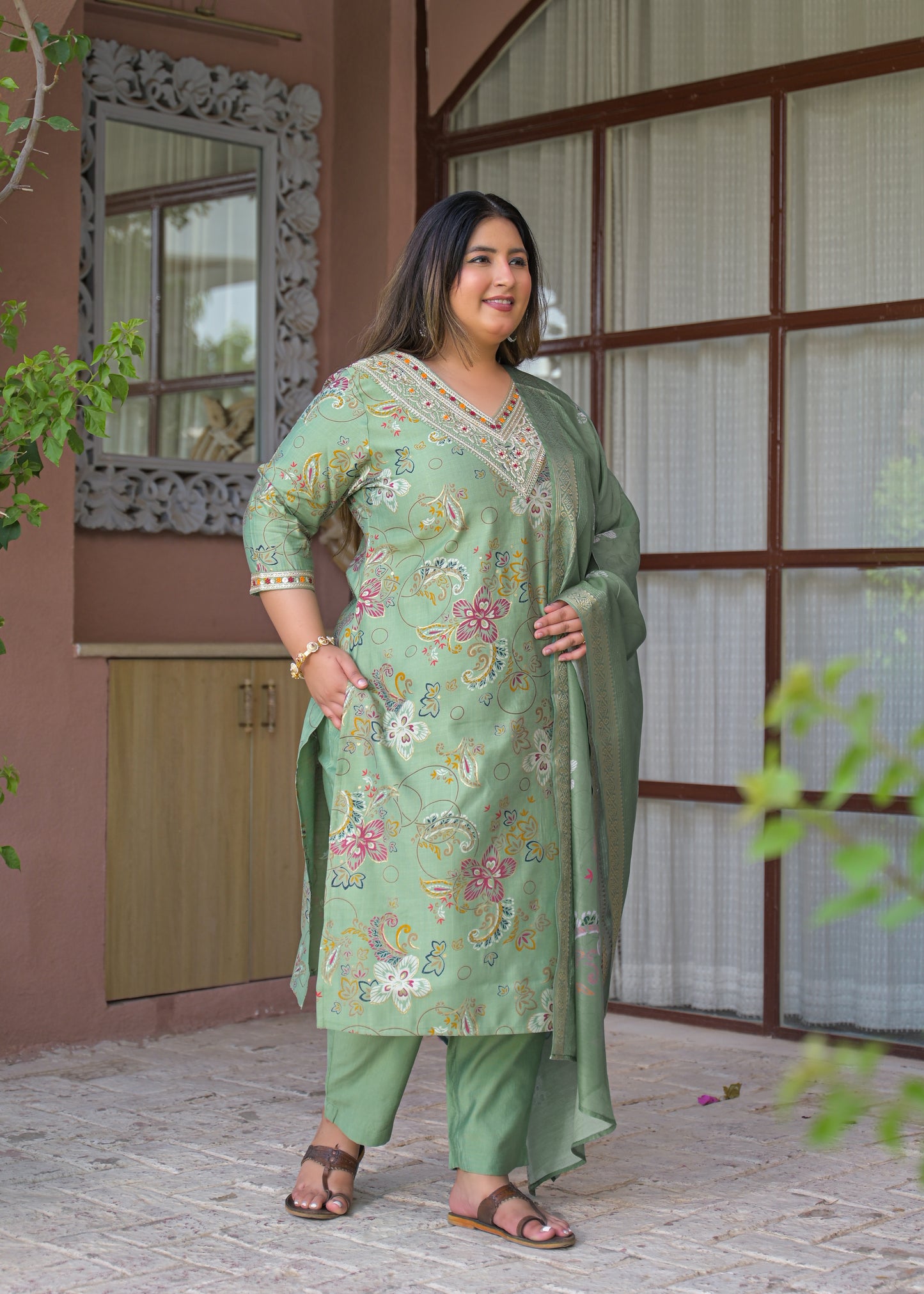 Light Green Embroidered  Kurta Dupatta Set
