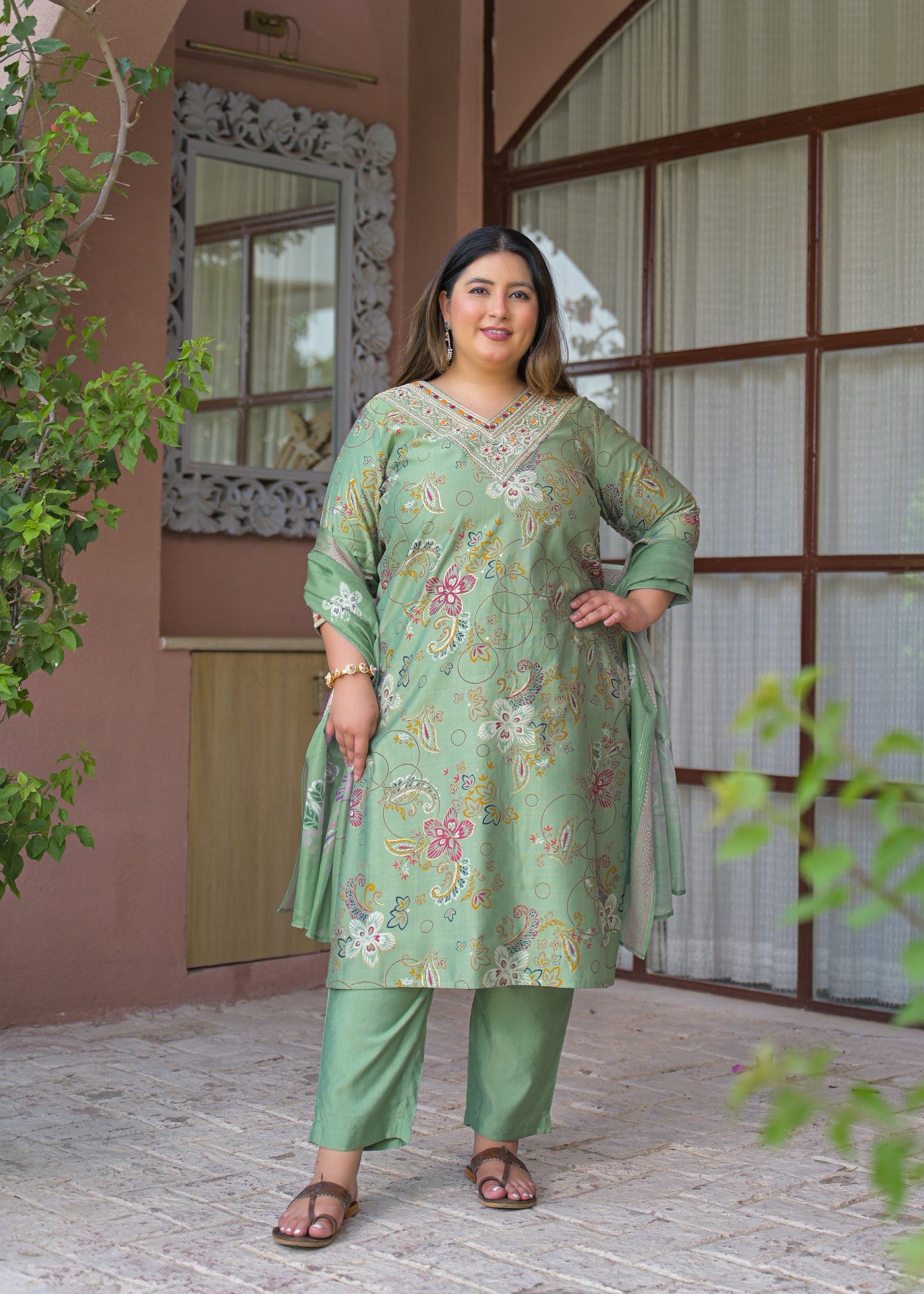 Light Green Embroidered  Kurta Dupatta Set