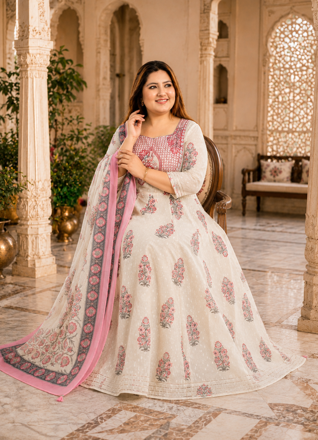 White Anarkali Kurta & Dupatta Set (Cotton)