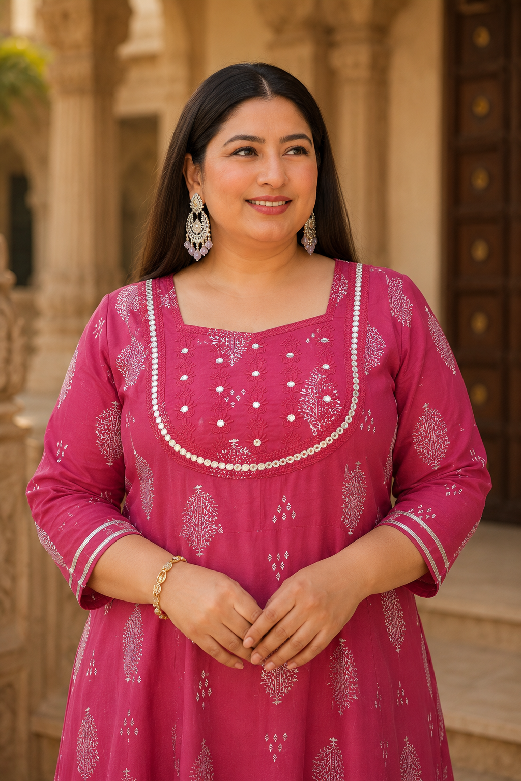 Pink Anarkali Kurta & Dupatta Set (Cotton)