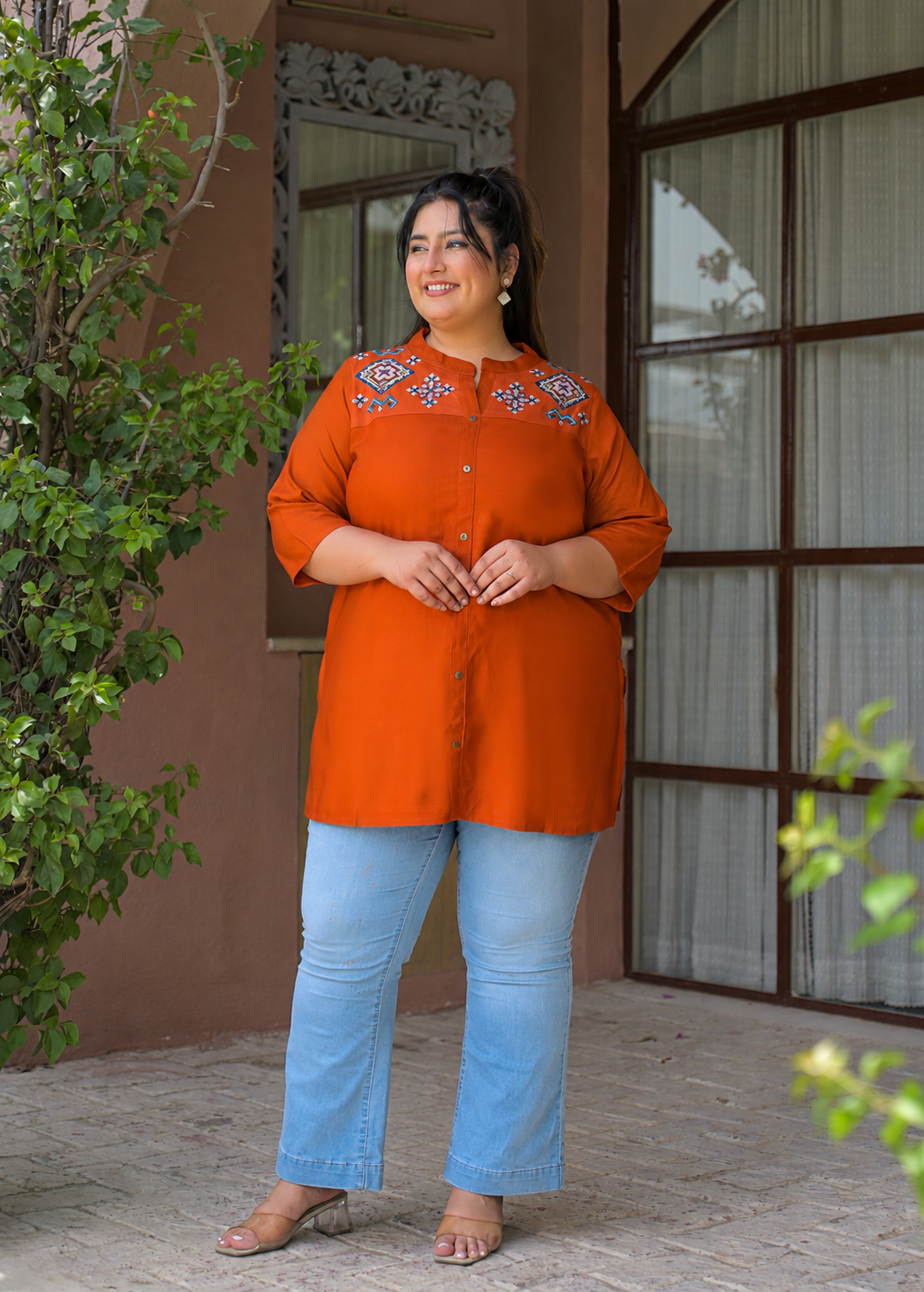 Rust Neck Embroidered Top