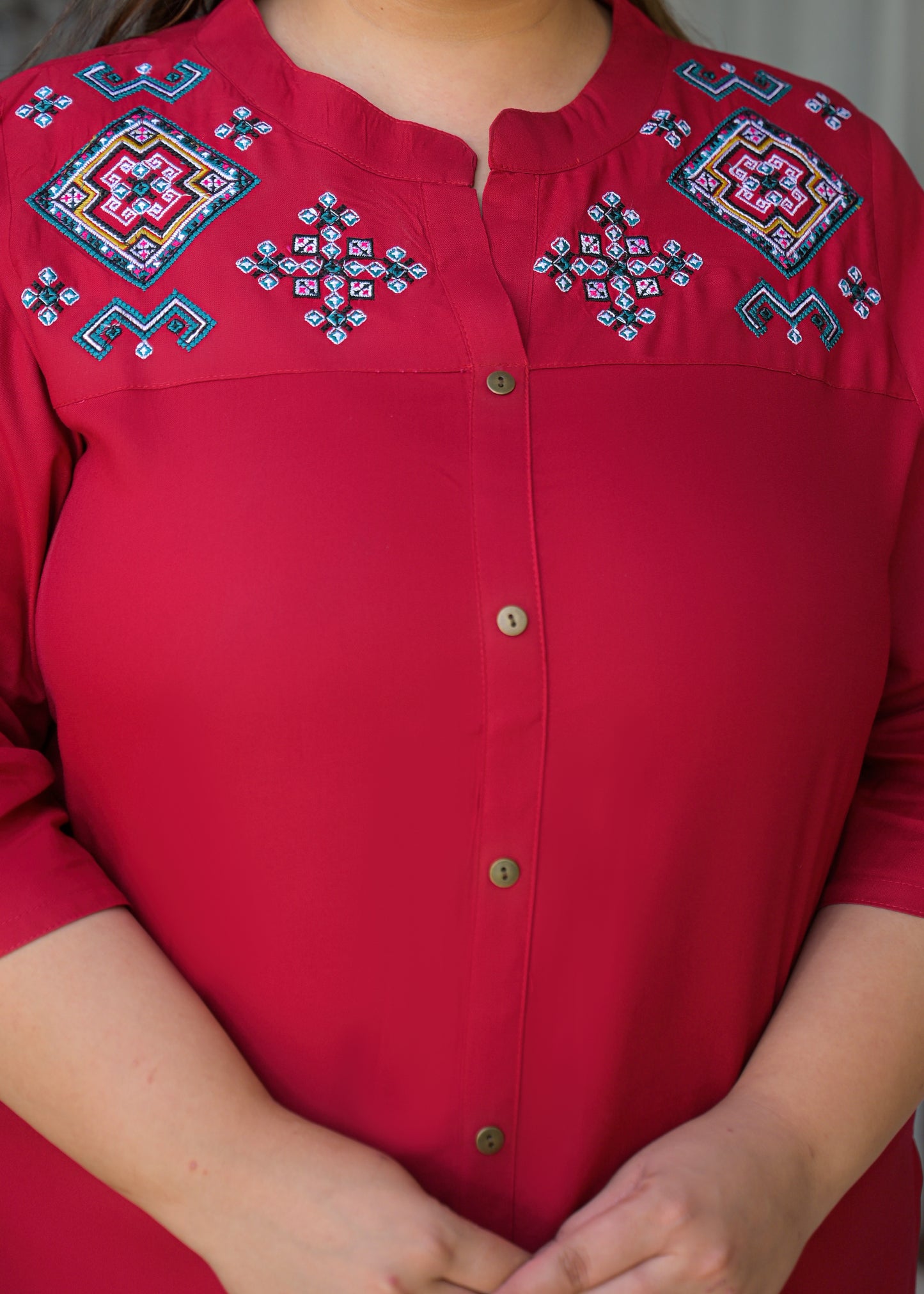 Maroon Neck Embroidered Top