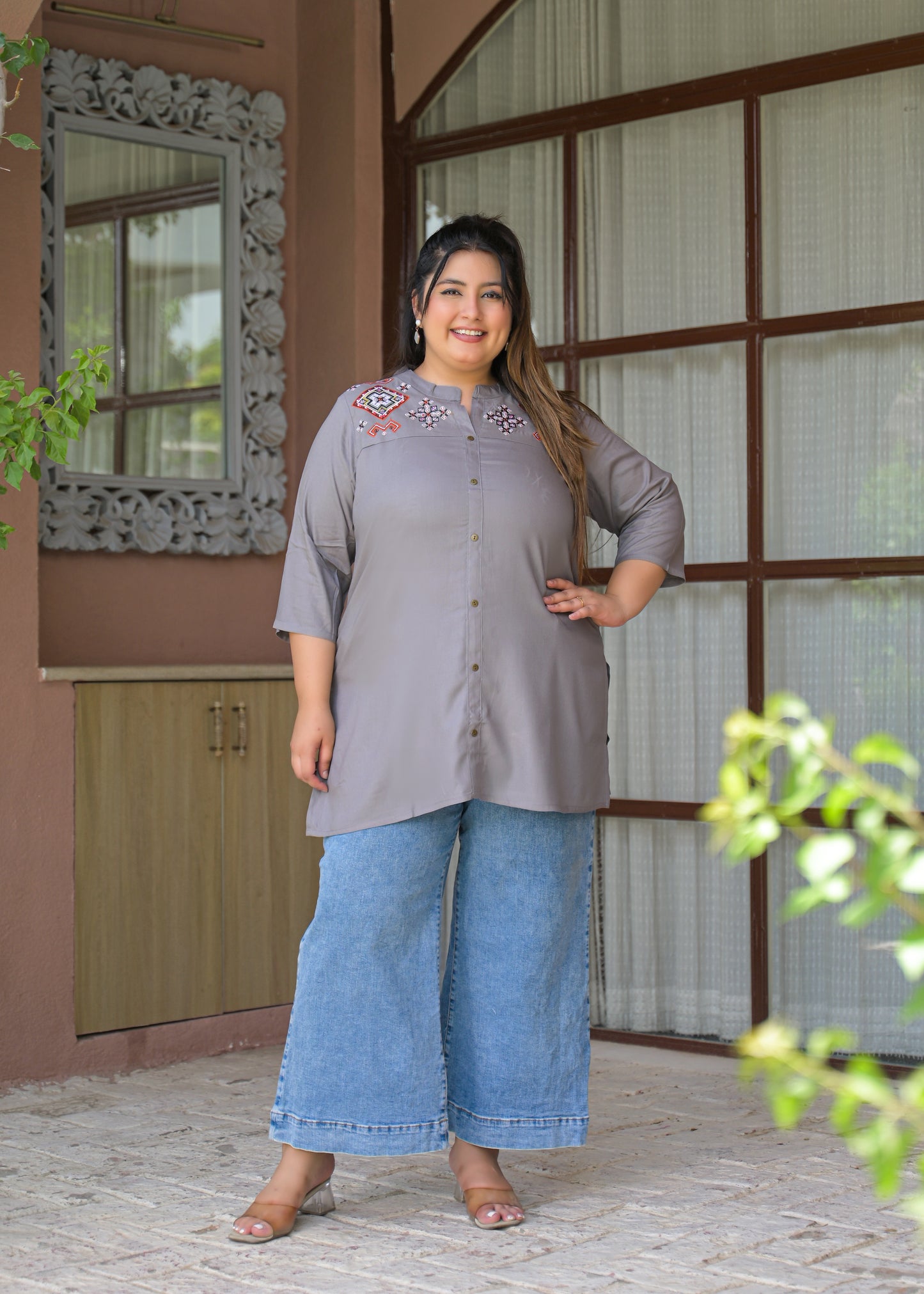 Grey Neck Embroidered Top