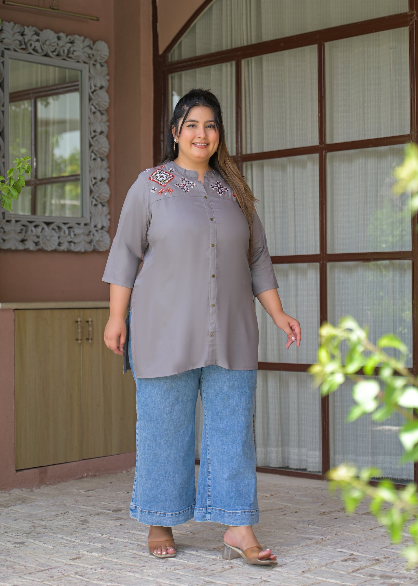 Grey Neck Embroidered Top