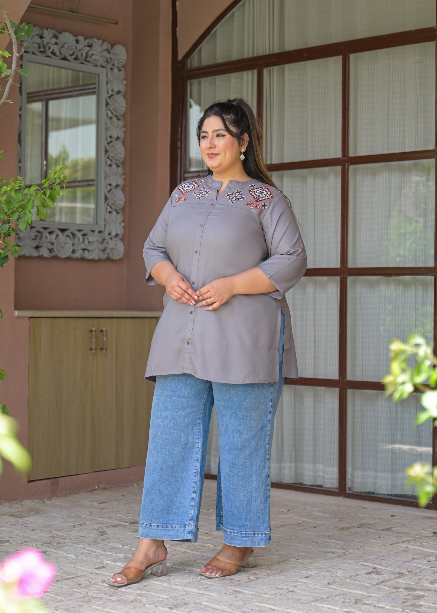 Grey Neck Embroidered Top
