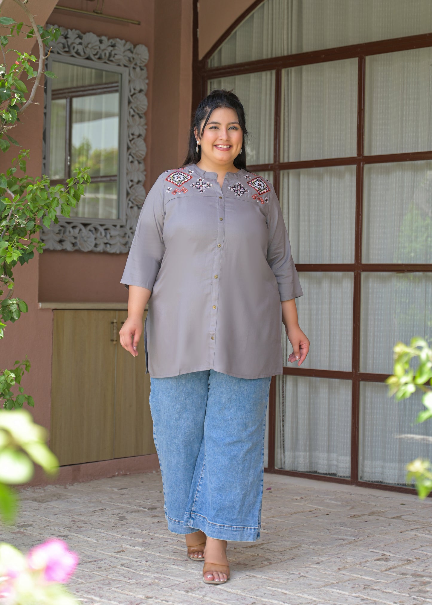 Grey Neck Embroidered Top