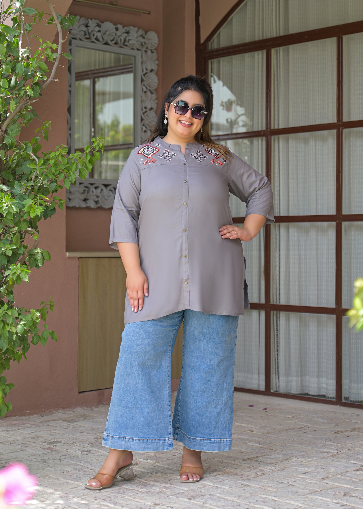 Grey Neck Embroidered Top