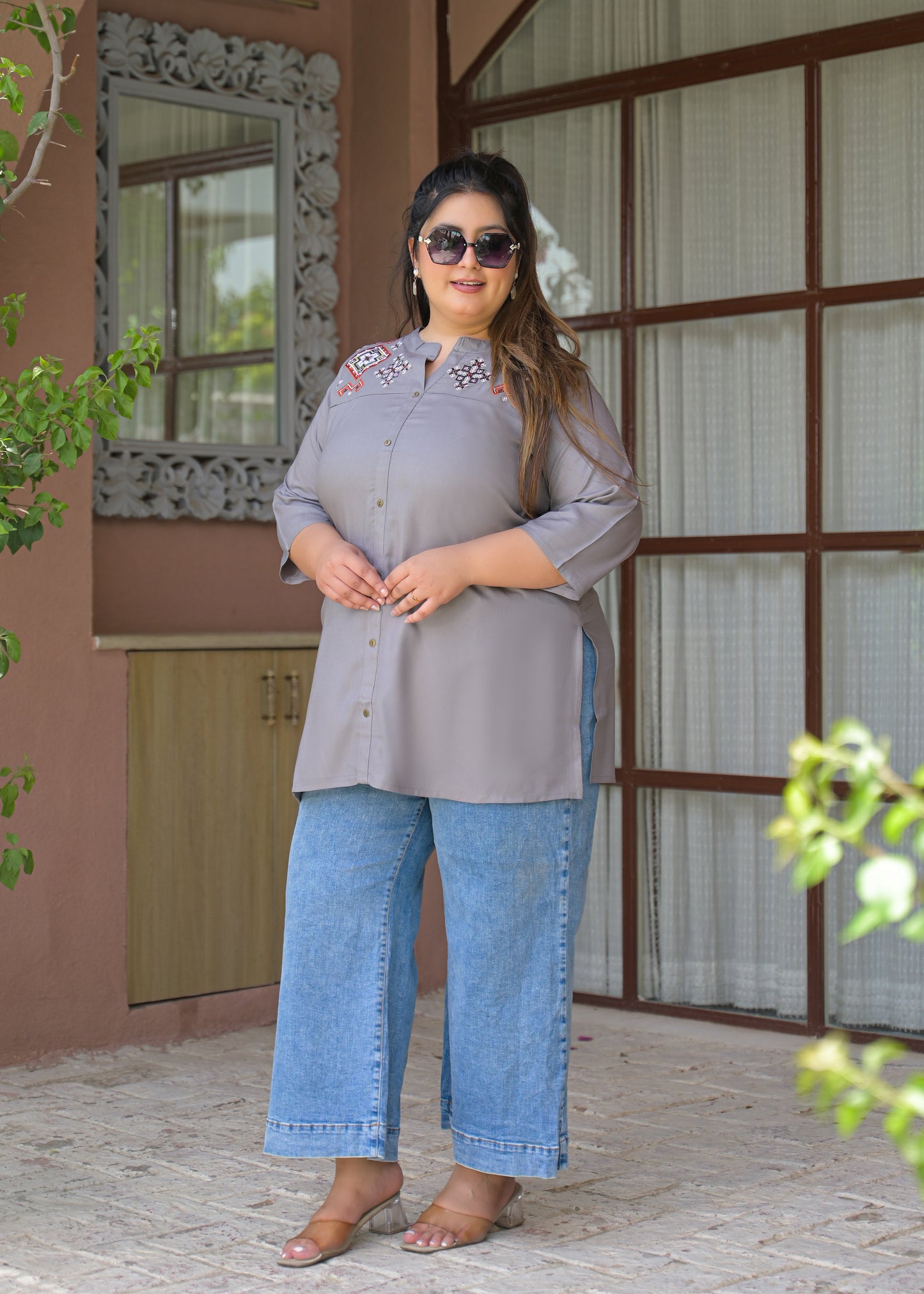 Grey Neck Embroidered Top
