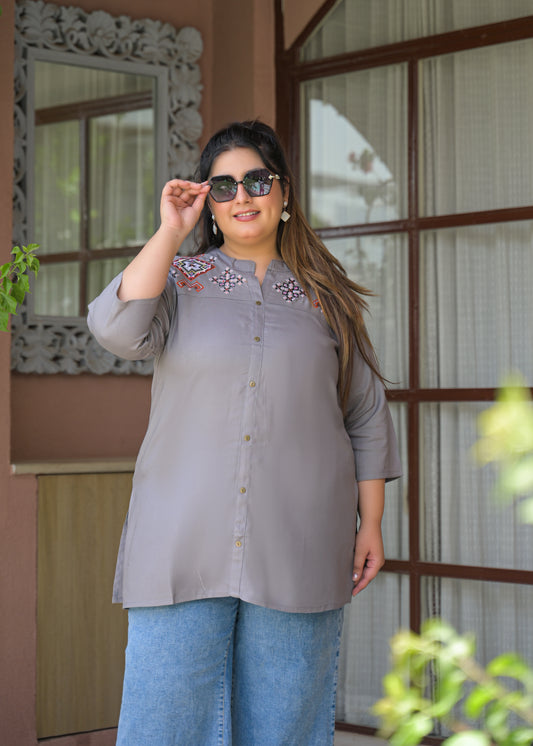 Grey Neck Embroidered Top