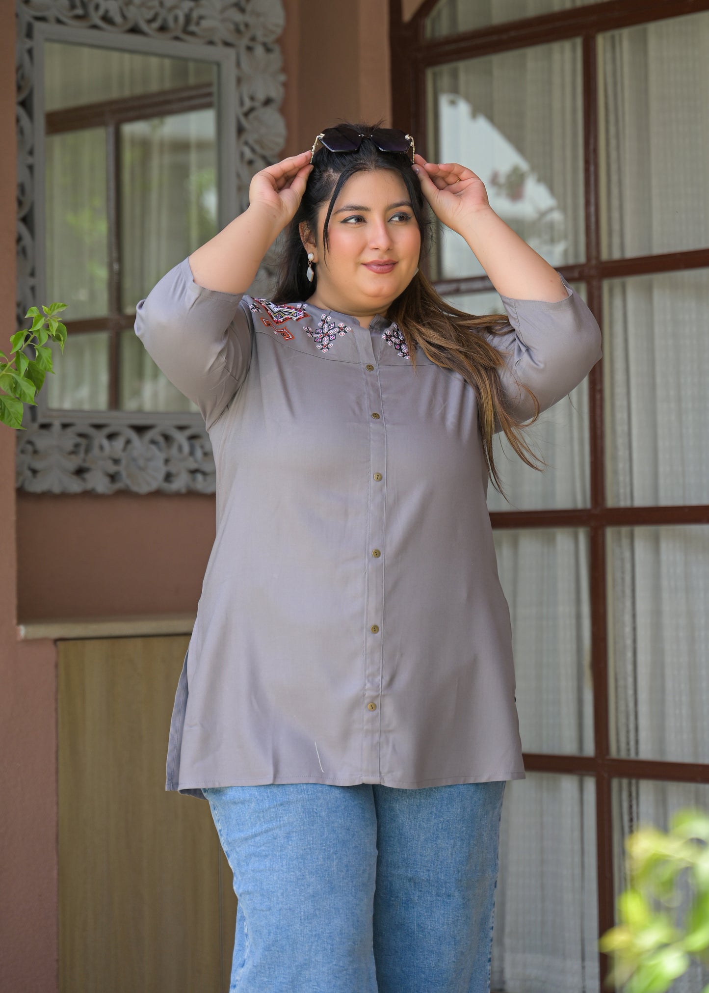 Grey Neck Embroidered Top
