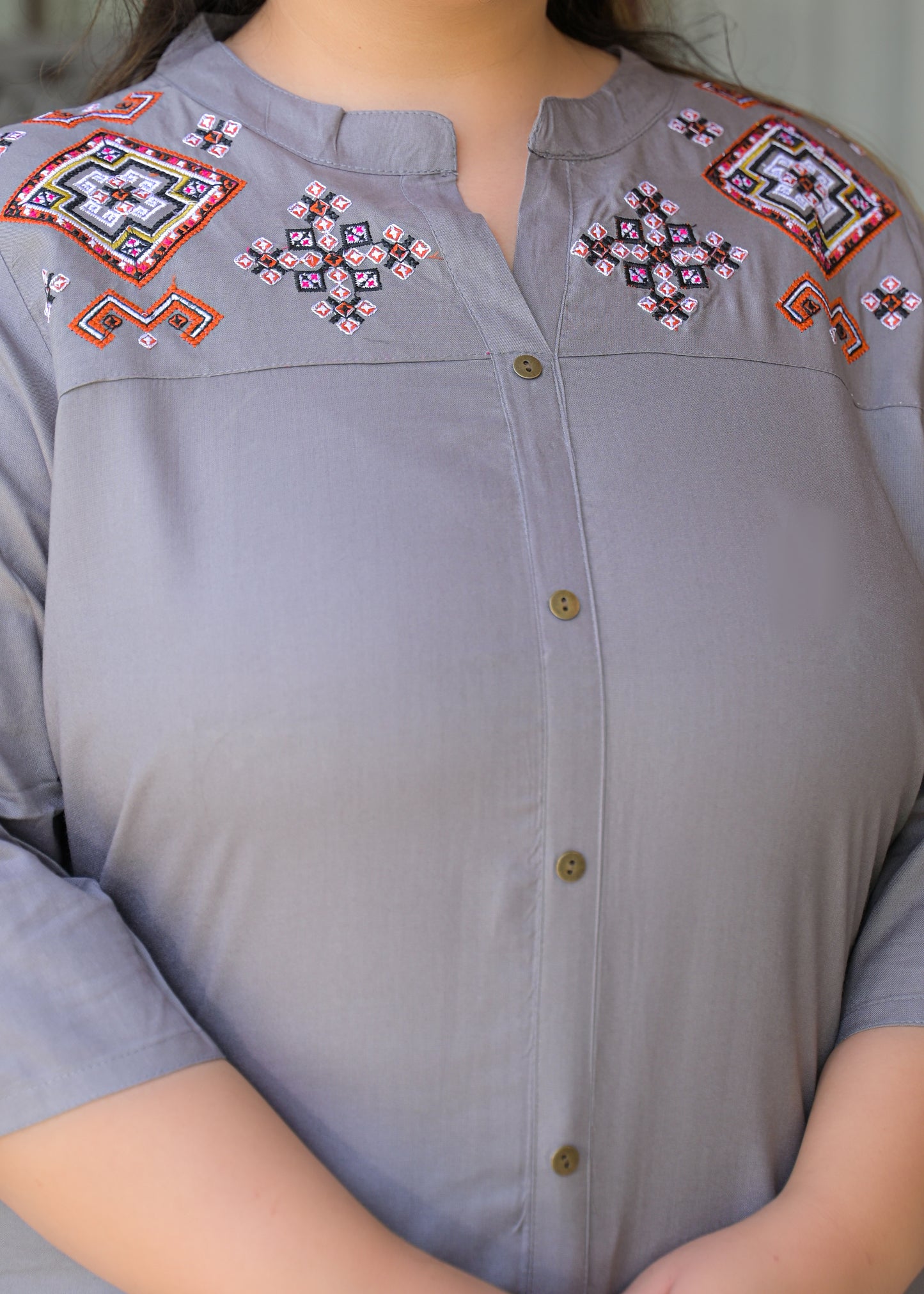 Grey Neck Embroidered Top