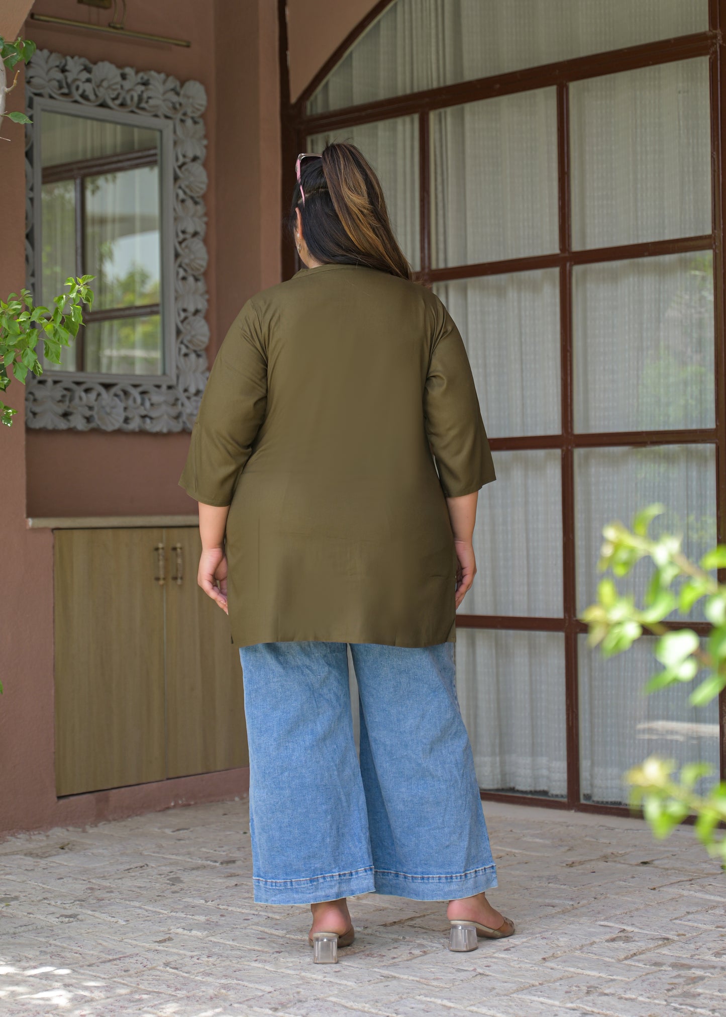 Khaki Neck Embroidered Top