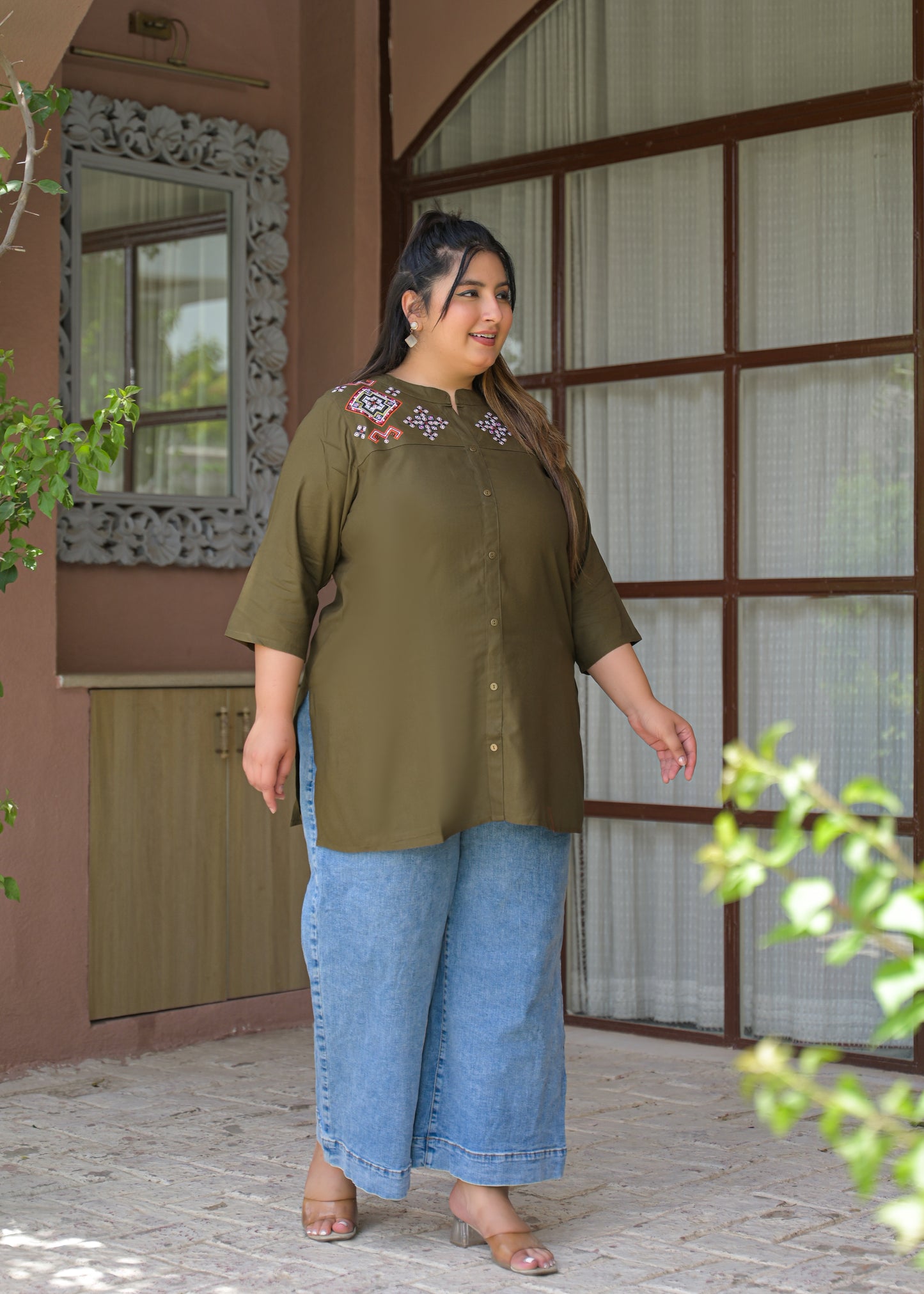 Khaki Neck Embroidered Top