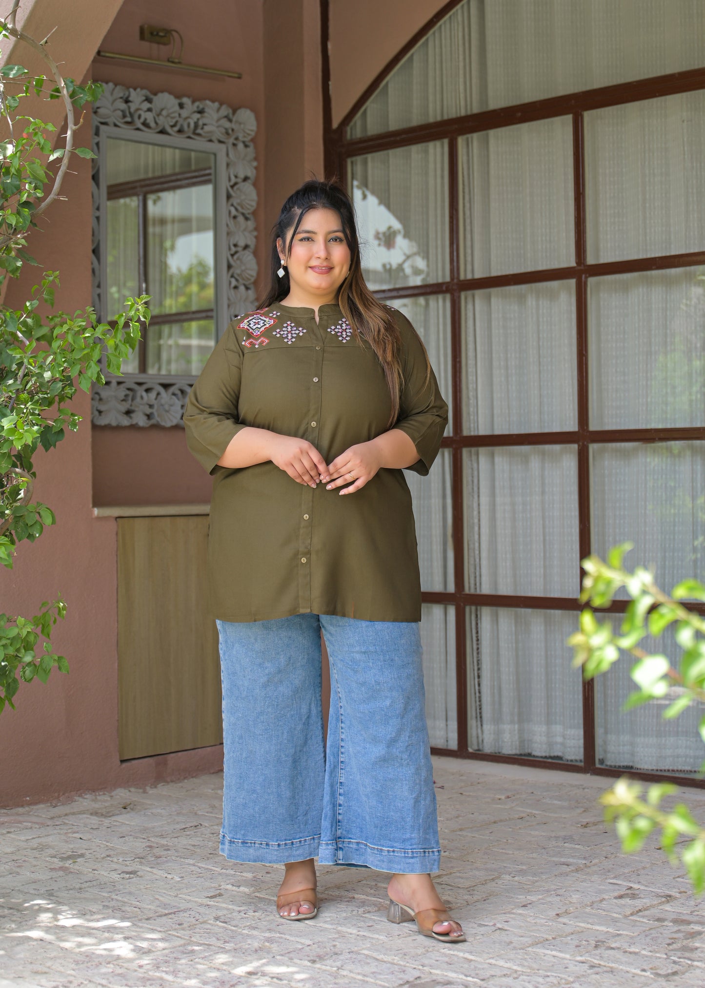 Khaki Neck Embroidered Top