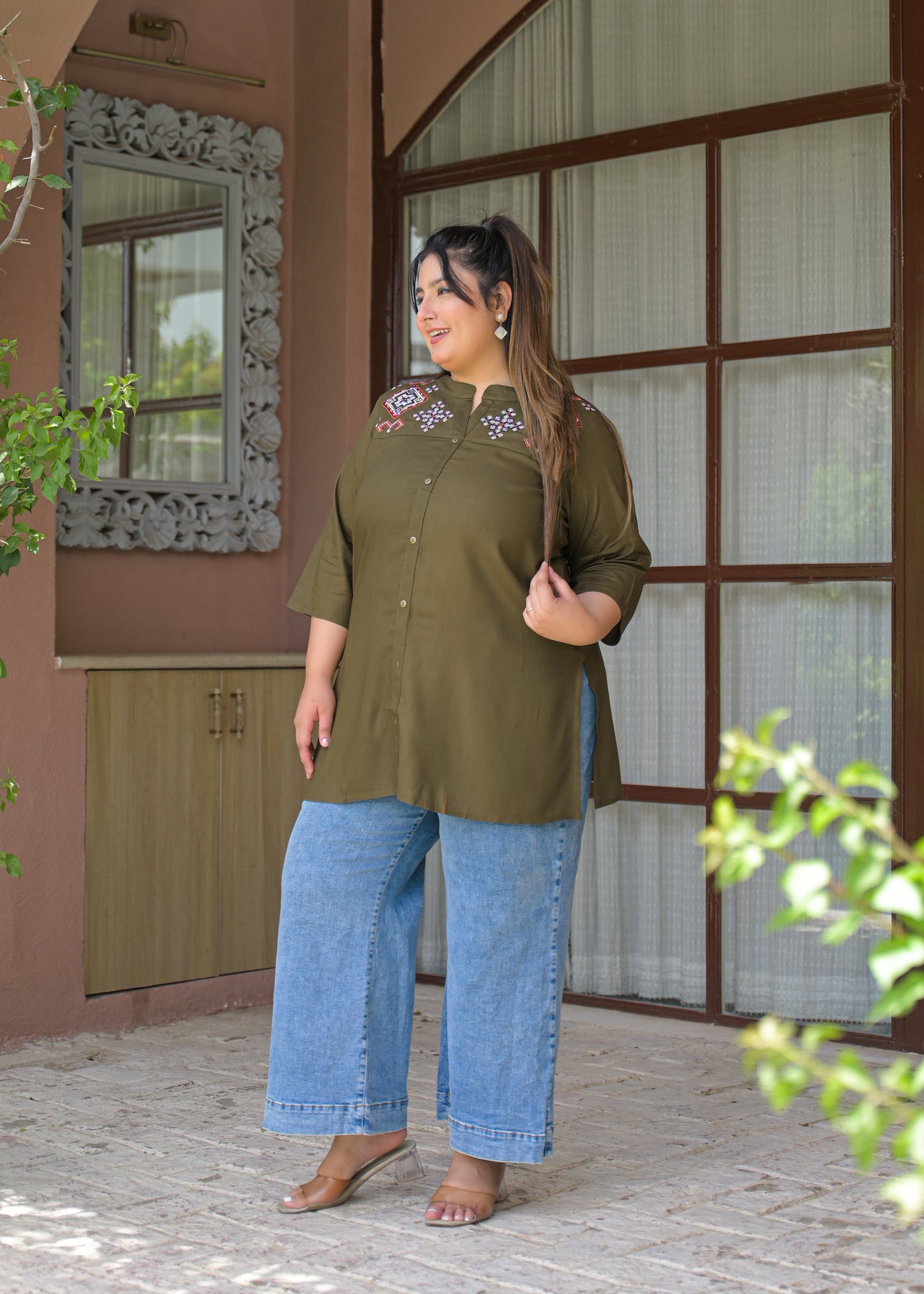 Khaki Neck Embroidered Top