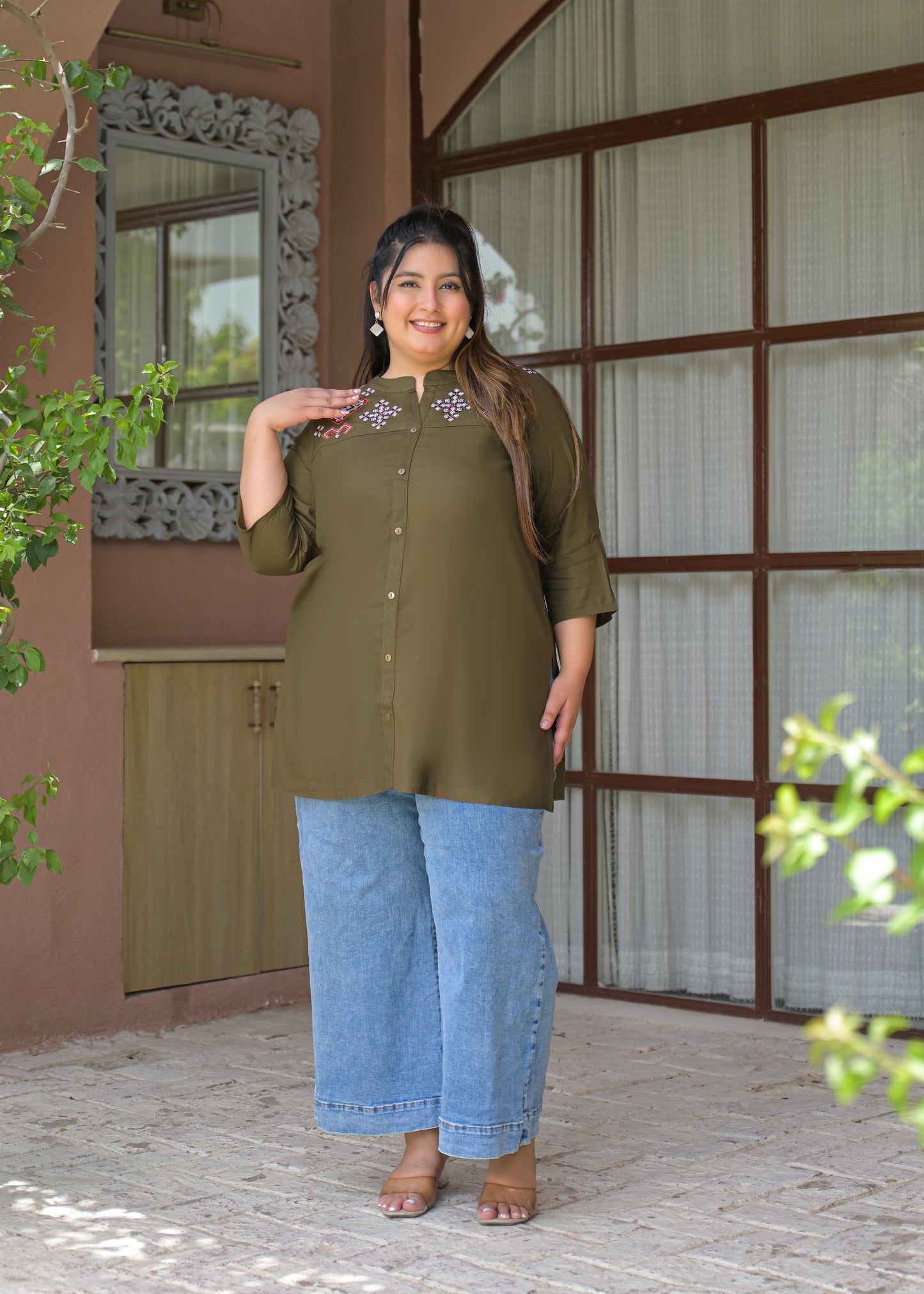 Khaki Neck Embroidered Top