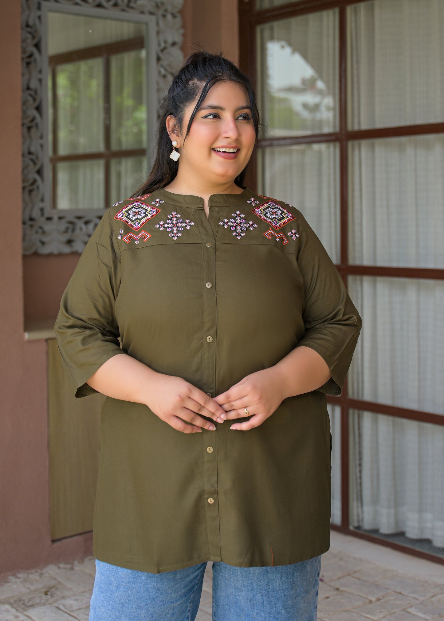 Khaki Neck Embroidered Top