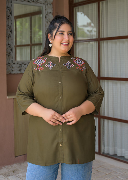 Khaki Neck Embroidered Top