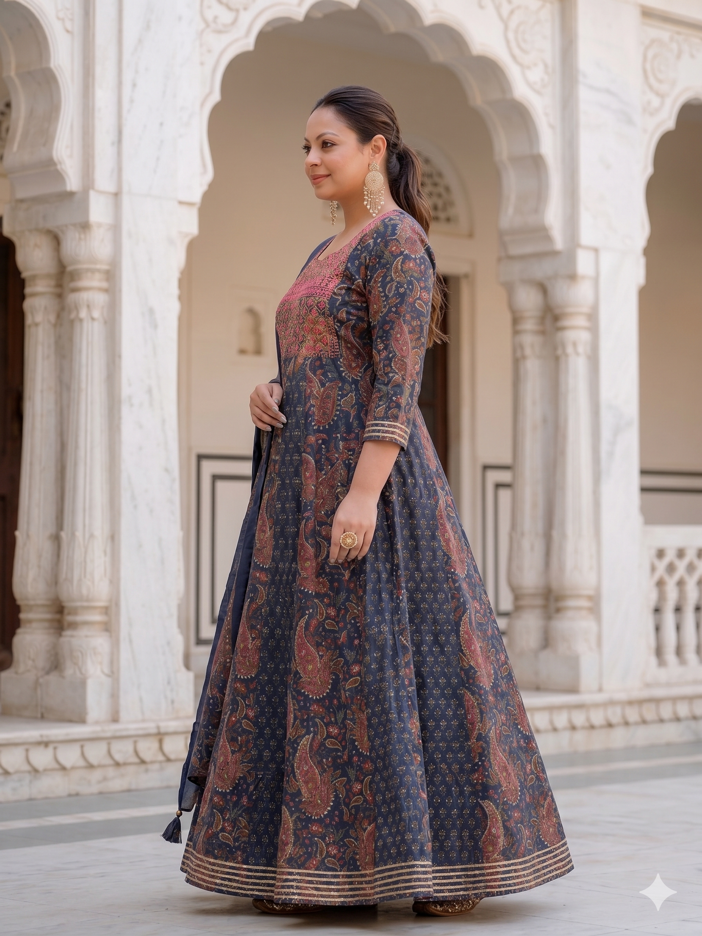 Deep Indigo Anarkali Kurta & Dupatta Set (Cotton)