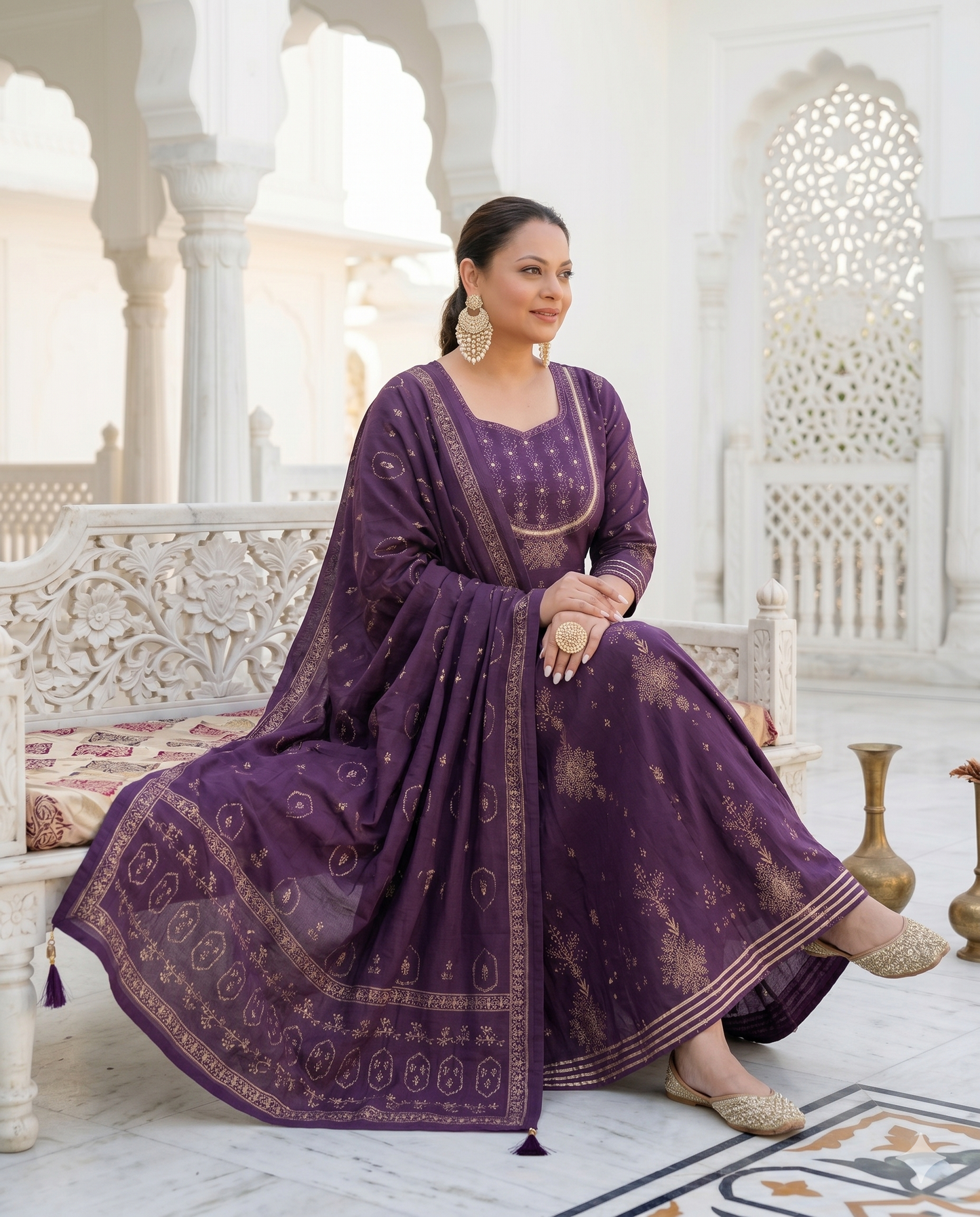 Dark Purple Anarkali Kurta & Dupatta Set (Pure Cotton)
