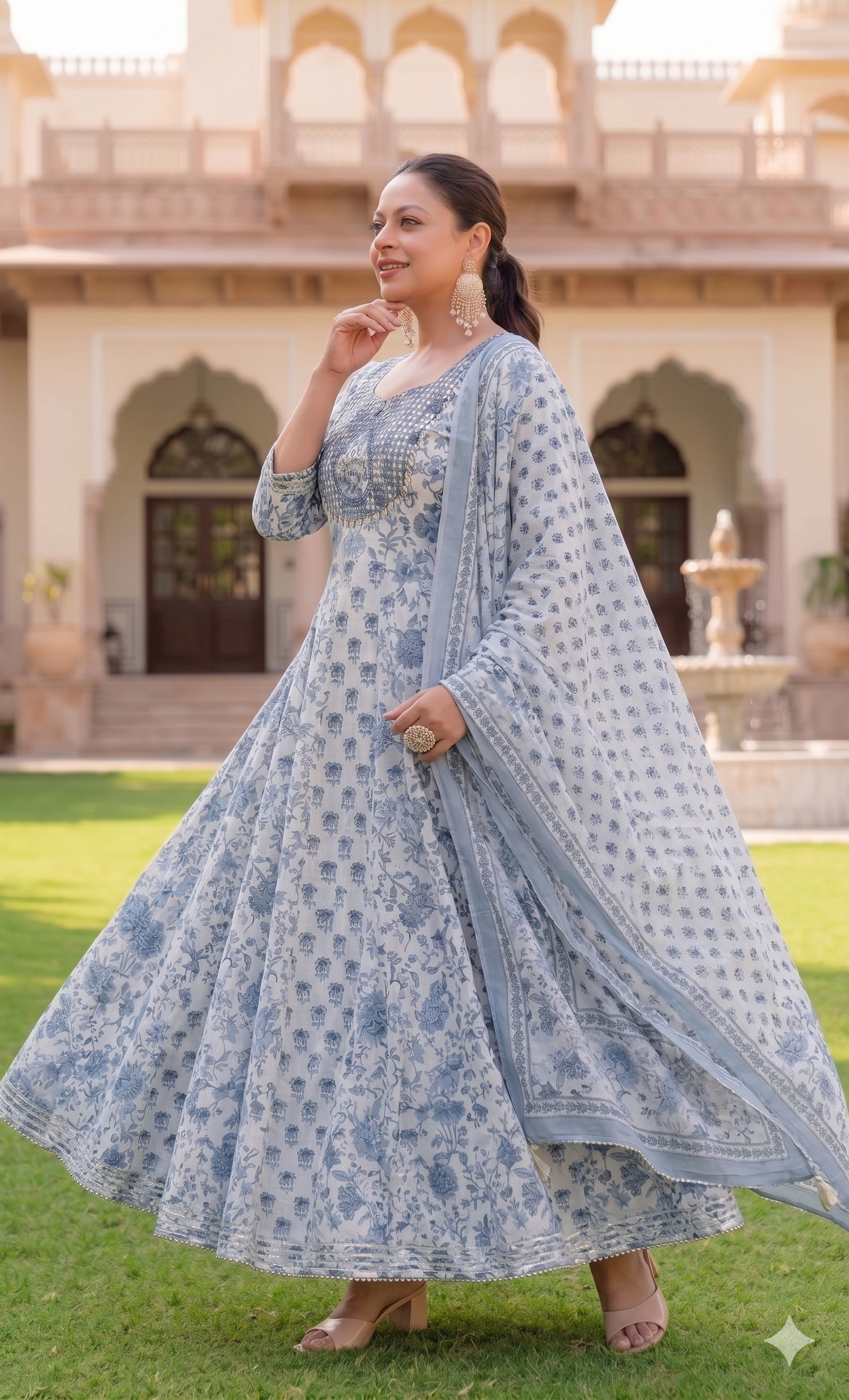 White Printed Anarkali Kurta & Dupatta Set