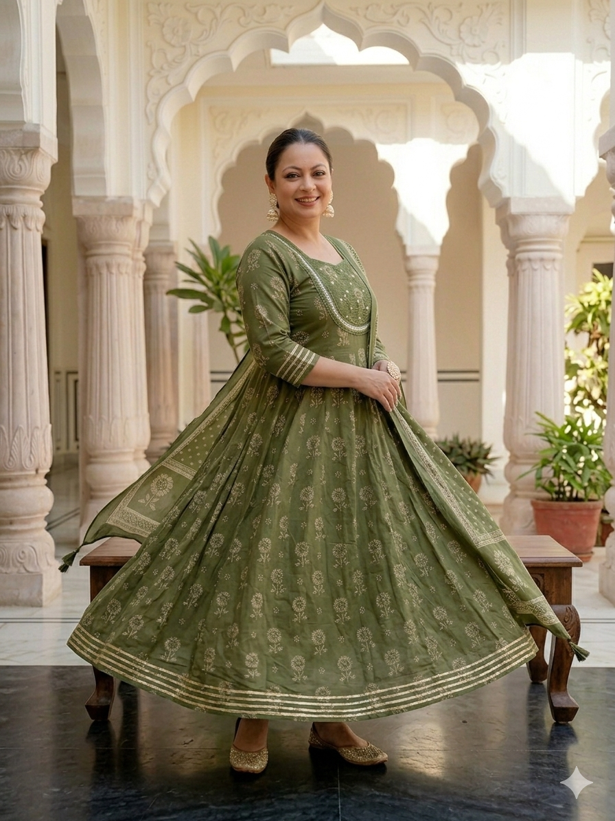 Mehendi Green Anarkali Kurta & Dupatta Set (Pure Cotton)
