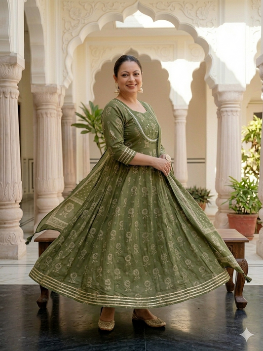 Mehendi Green Anarkali Kurta & Dupatta Set (Pure Cotton)
