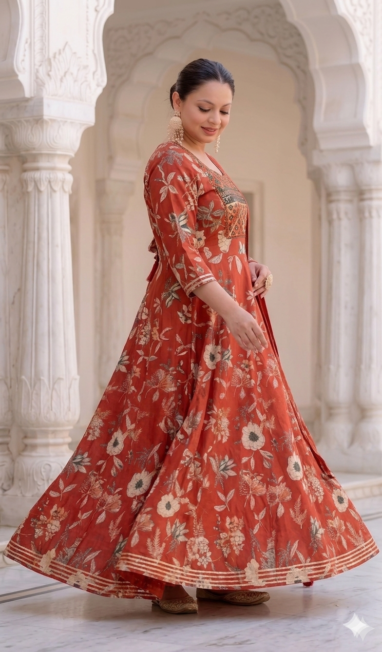 Rust Orange Anarkali Kurta & Dupatta Set (Cotton)