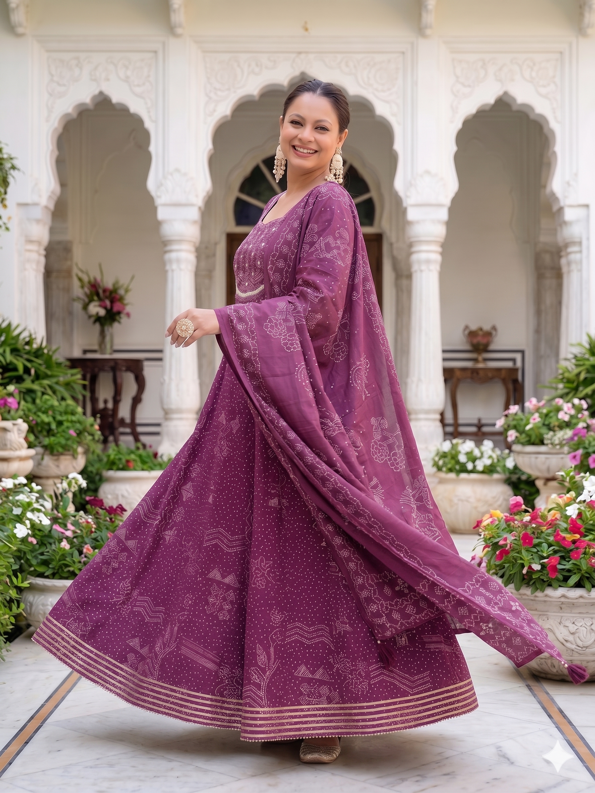 Wine Anarkali Kurta & Dupatta Set (Cotton)