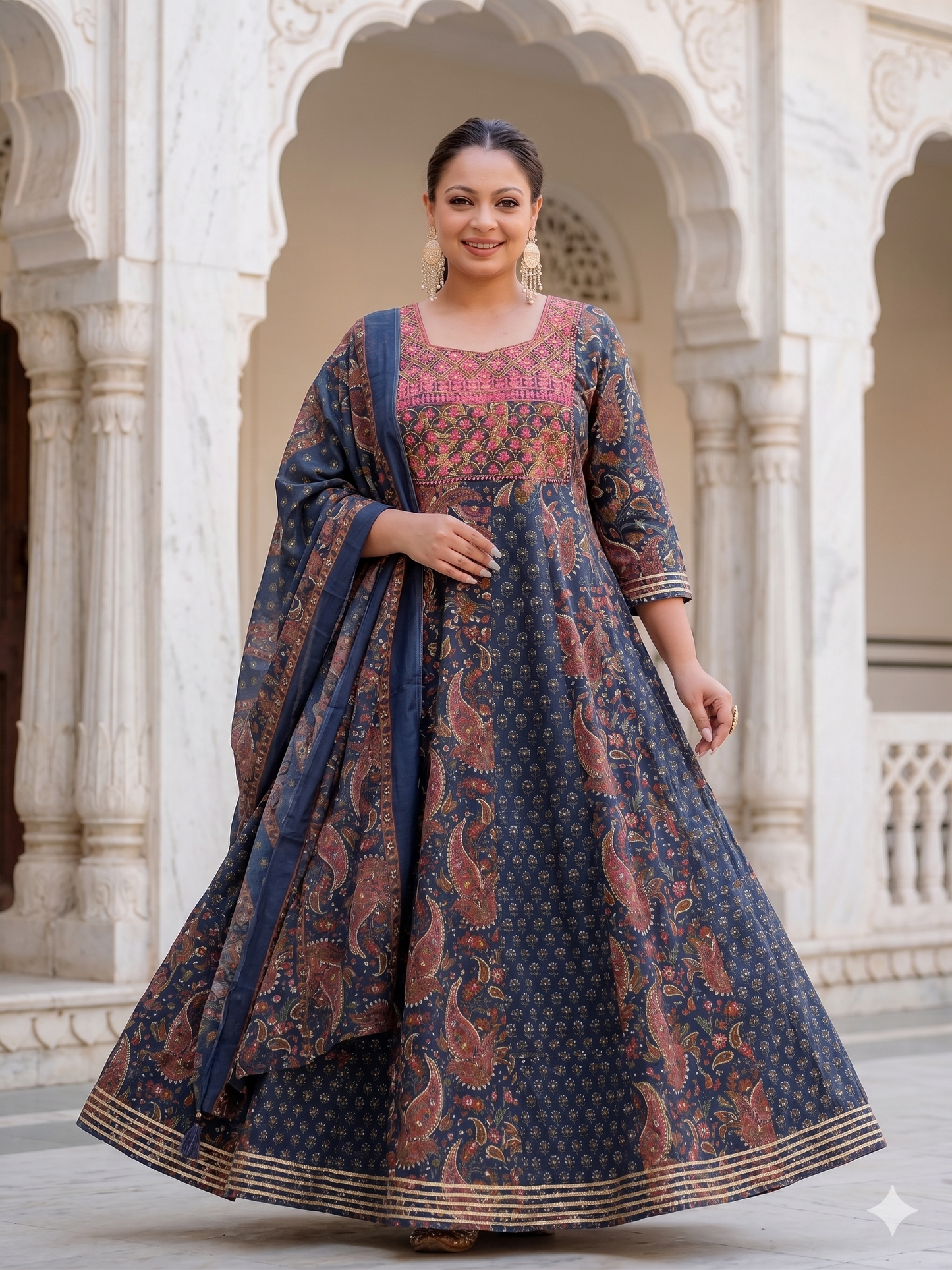 Deep Indigo Anarkali Kurta & Dupatta Set (Cotton)