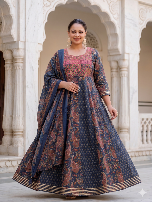 Deep Indigo Anarkali Kurta & Dupatta Set (Cotton)