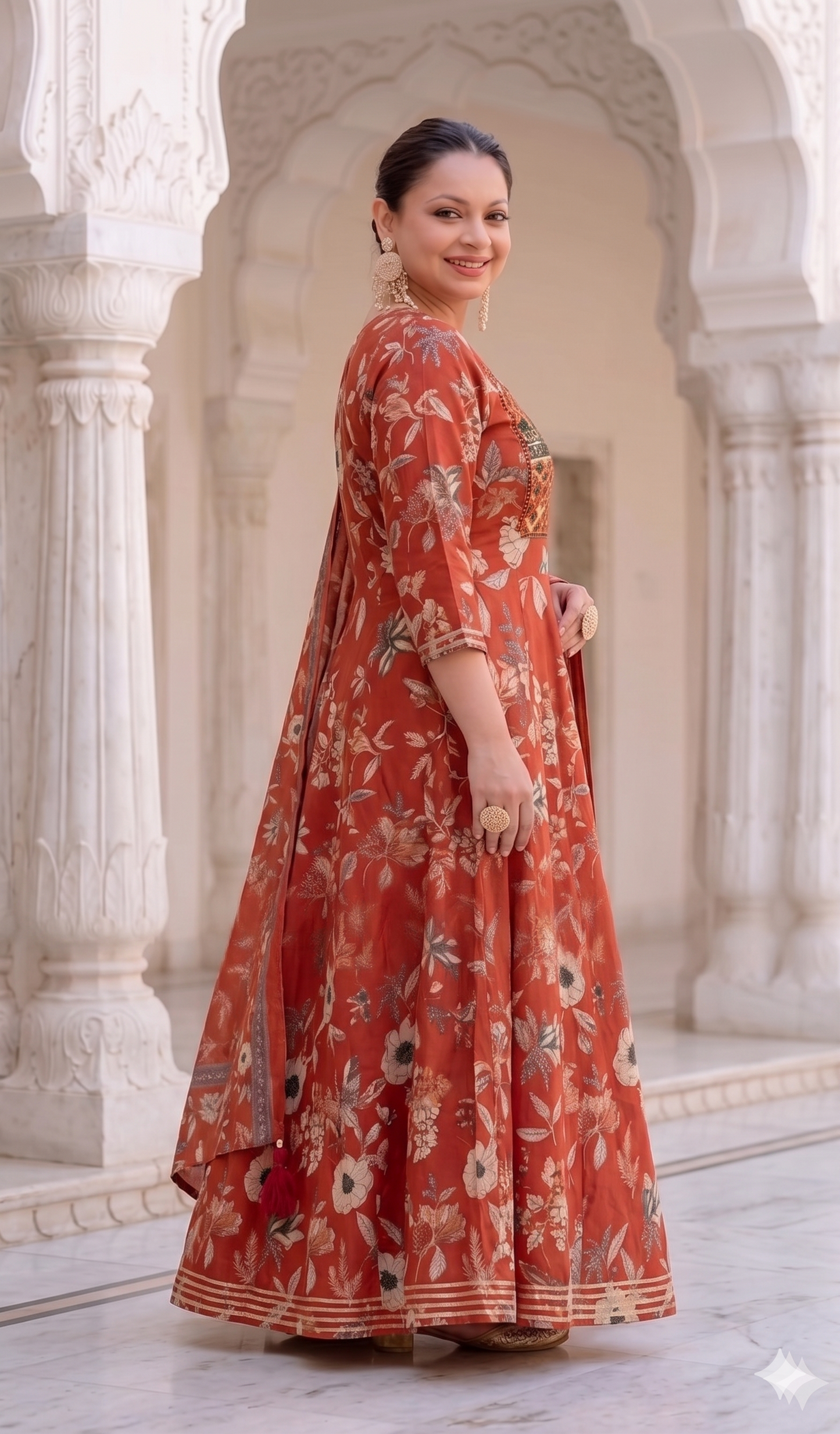 Rust Orange Anarkali Kurta & Dupatta Set (Cotton)