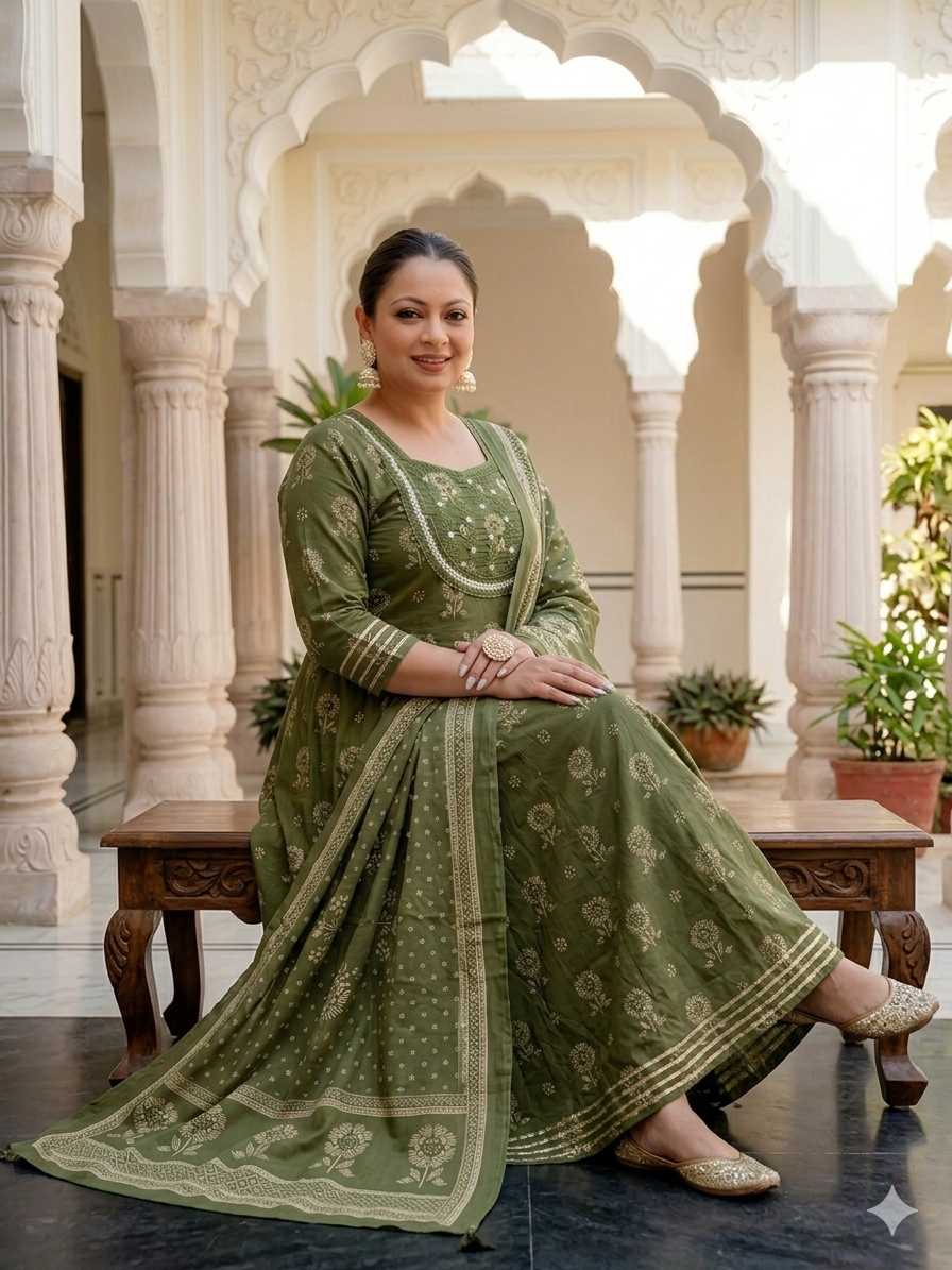 Mehendi Green Anarkali Kurta & Dupatta Set (Pure Cotton)