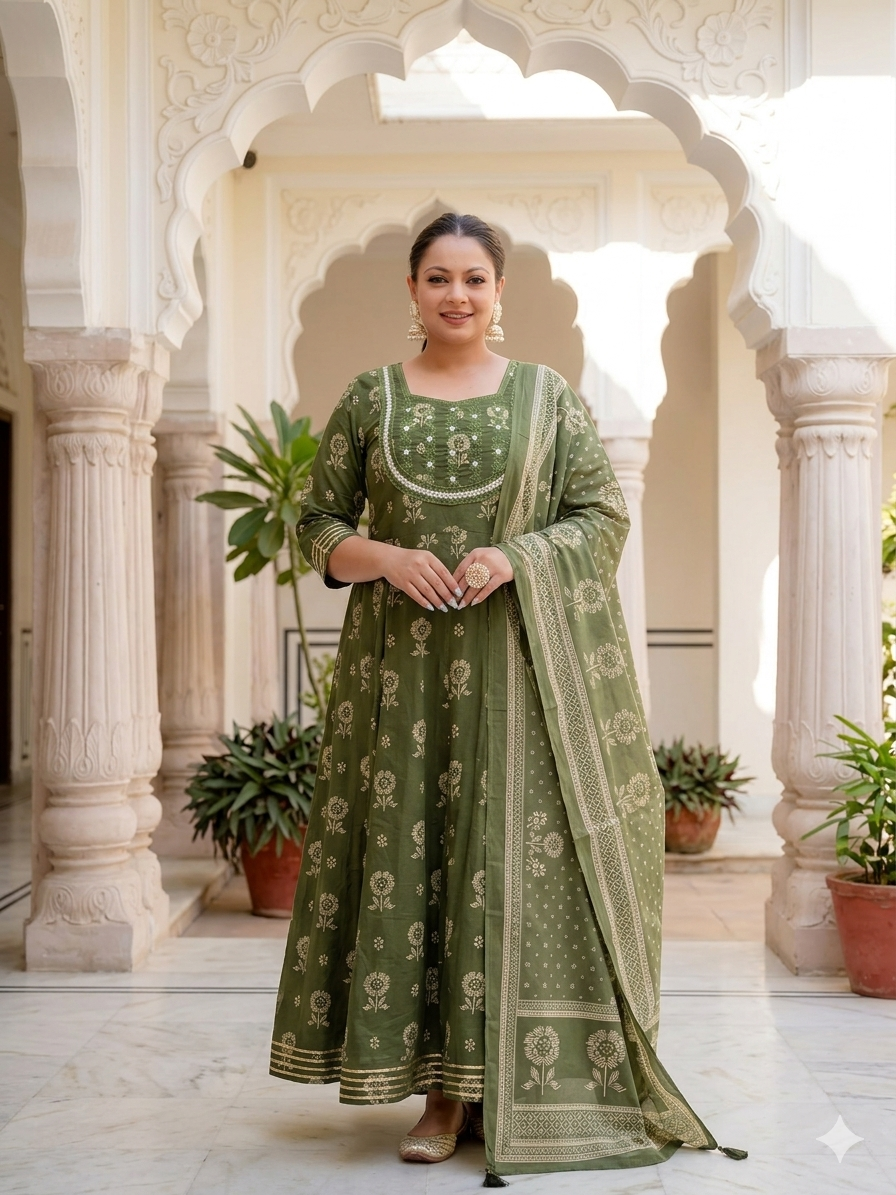 Mehendi Green Anarkali Kurta & Dupatta Set (Pure Cotton)