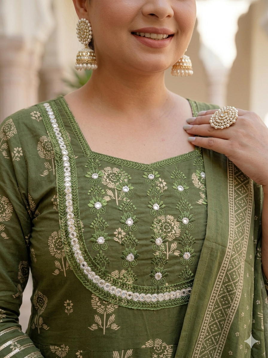 Mehendi Green Anarkali Kurta & Dupatta Set (Pure Cotton)