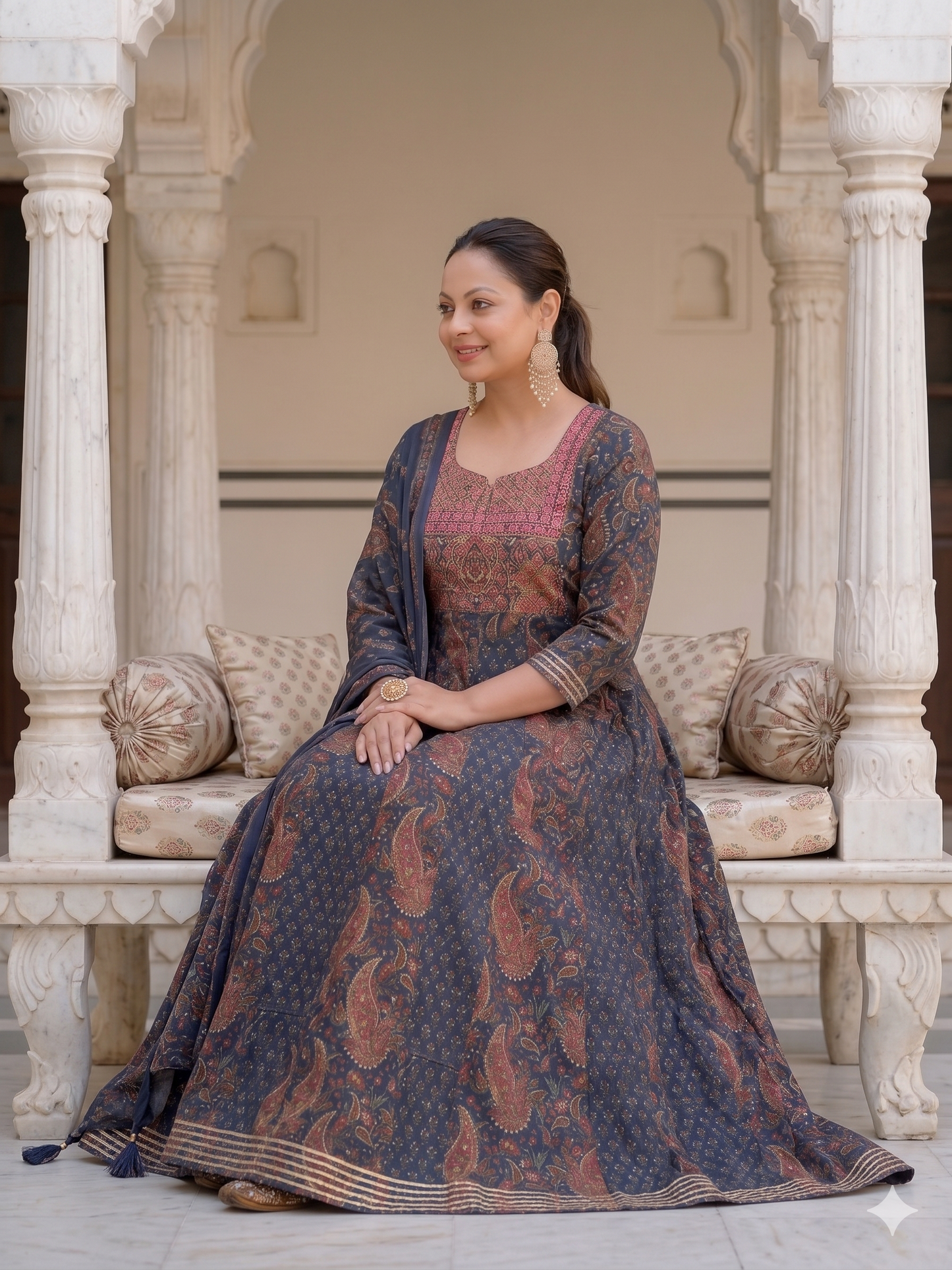 Deep Indigo Anarkali Kurta & Dupatta Set (Cotton)