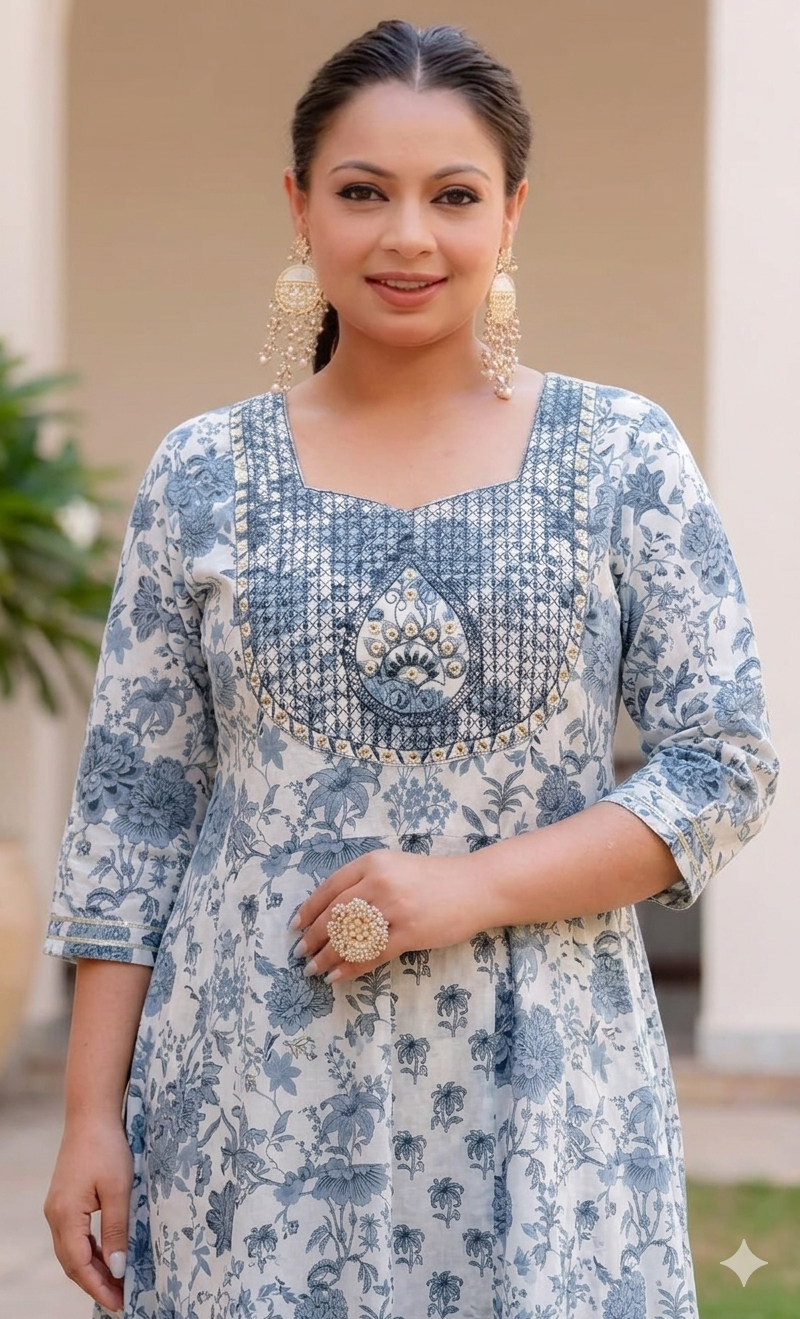 White Printed Anarkali Kurta & Dupatta Set